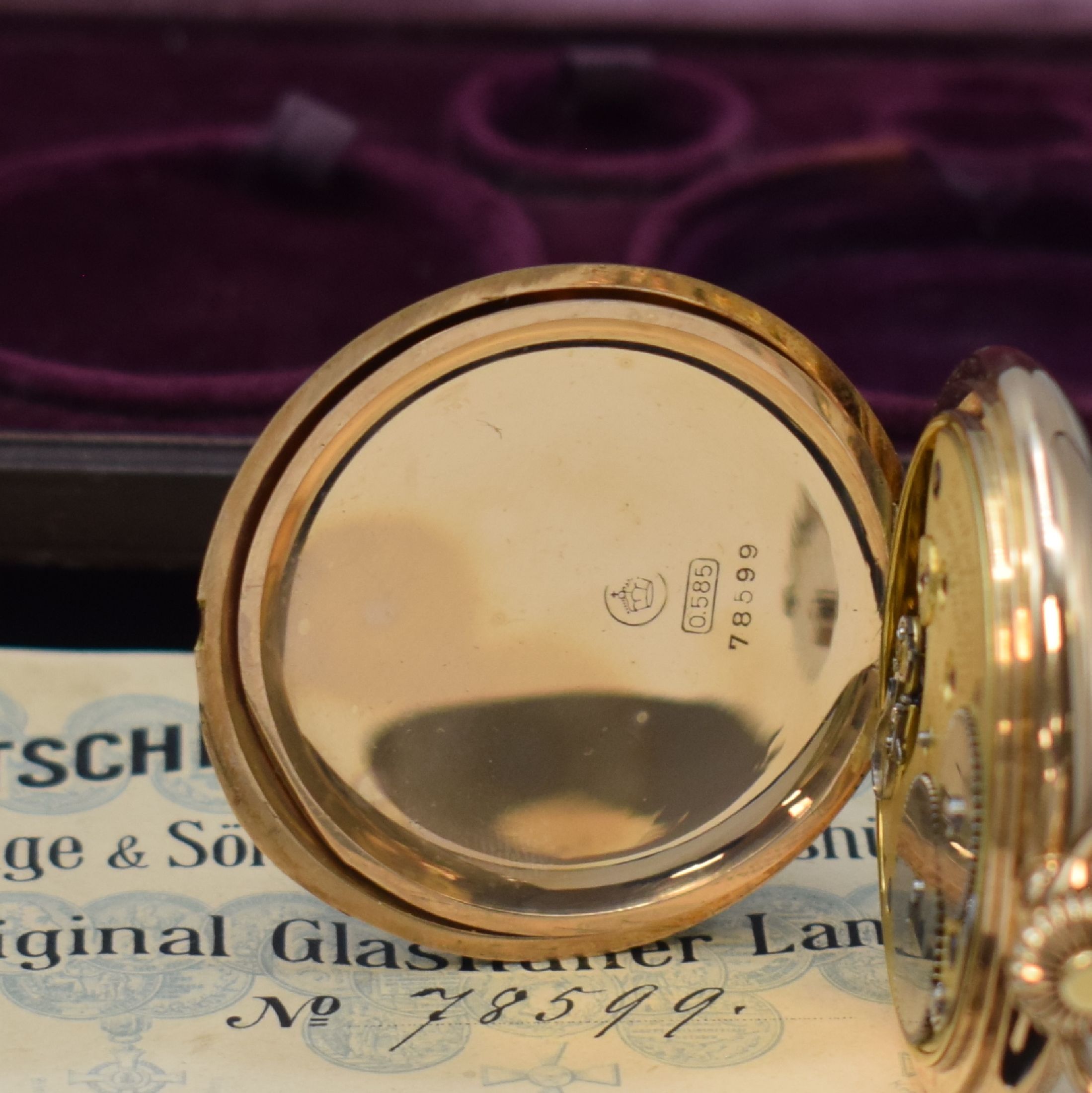 Detail e: DEUTSCHE UHRENFABRIKATION A. Lange & Söhne Savonette Herren-Goldtaschenuhr, Werk- u. Geh.-Nr. 78599, Deutschland 1922, GG 585/000 Lucia-Geh., perf. ...