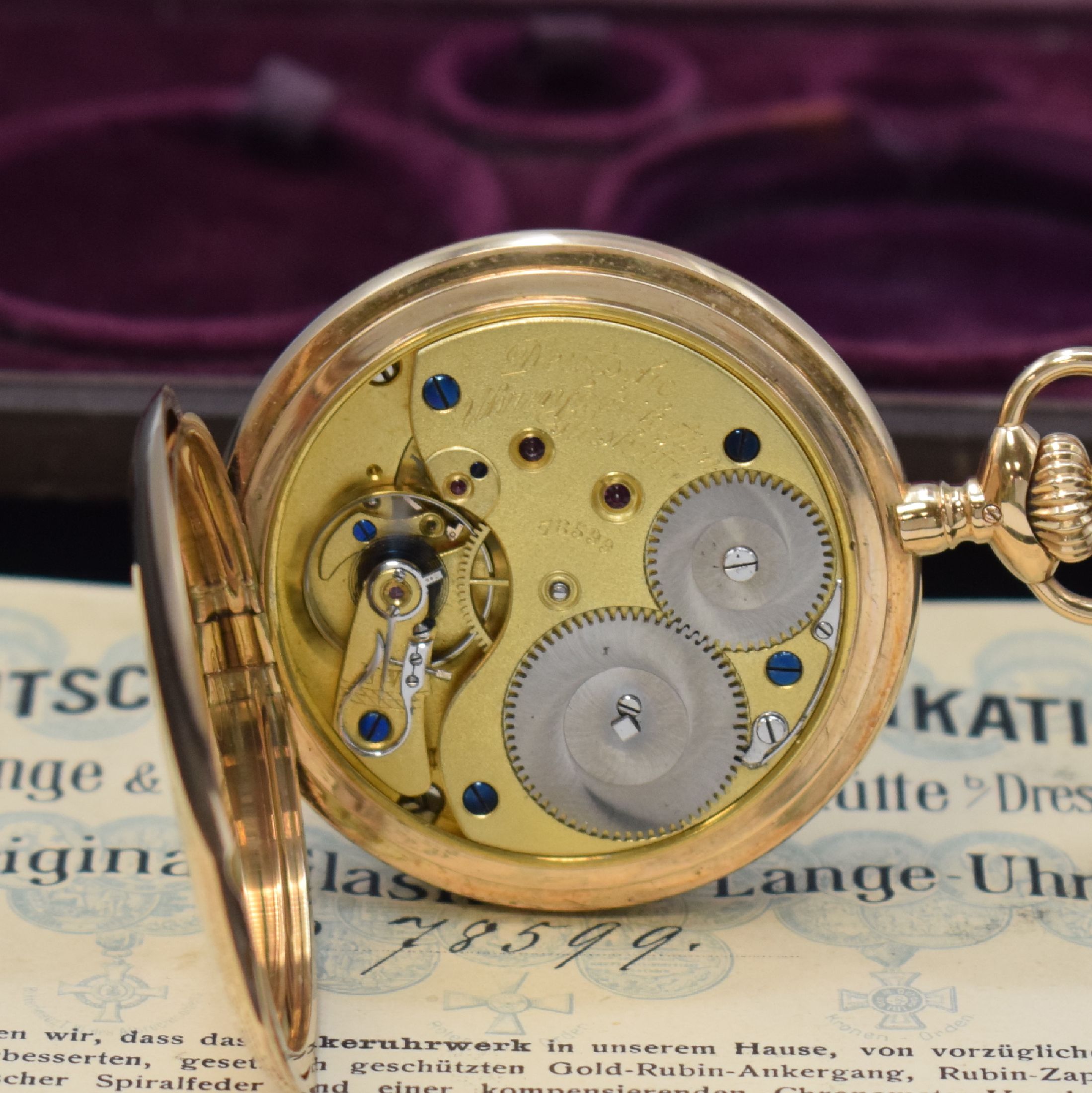 Detail f: DEUTSCHE UHRENFABRIKATION A. Lange & Söhne Savonette Herren-Goldtaschenuhr, Werk- u. Geh.-Nr. 78599, Deutschland 1922, GG 585/000 Lucia-Geh., perf. ...