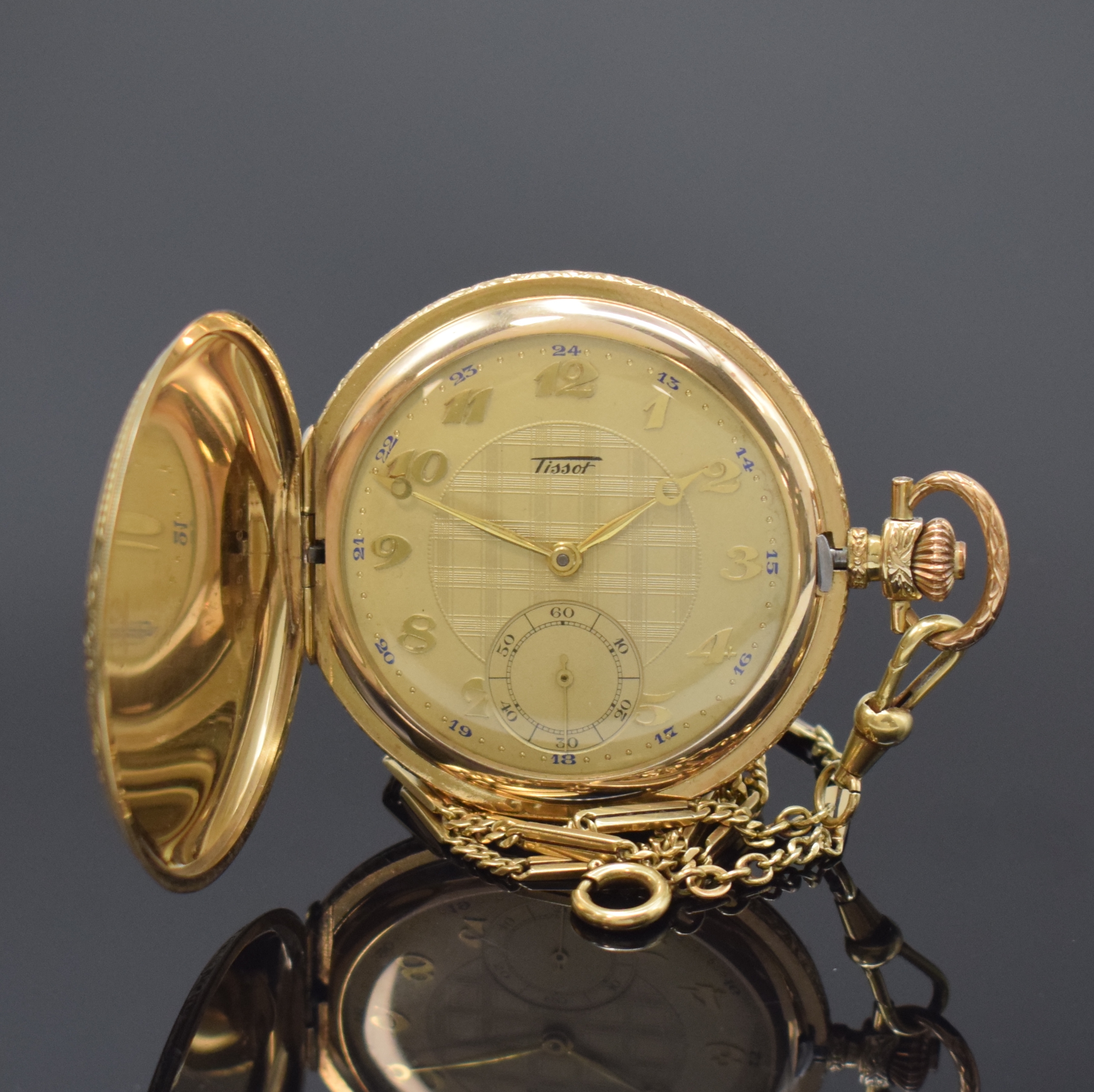 Taschenuhrkette in GG 585/000 an vergoldeter Tissot Savonette, Kette Gew. ca. 13g, L. ca. 47 cm, Savonette Schweiz um 1930, Geh. guill. und grav., ...