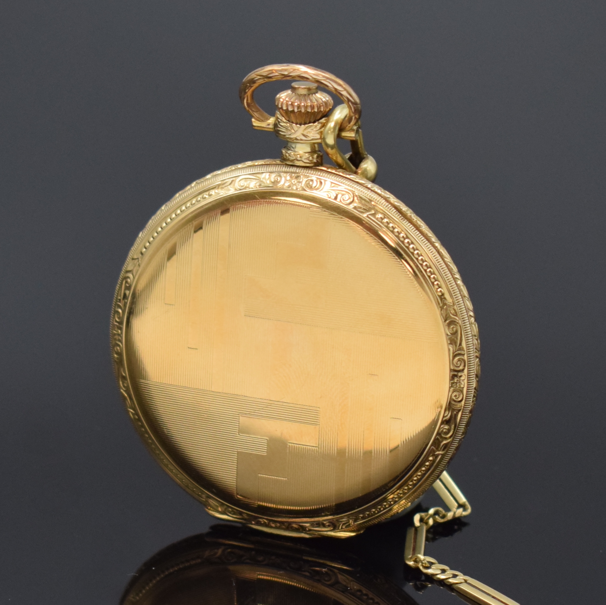 Detail c: Taschenuhrkette in GG 585/000 an vergoldeter Tissot Savonette, Kette Gew. ca. 13g, L. ca. 47 cm, Savonette Schweiz um 1930, Geh. guill. und grav., ...