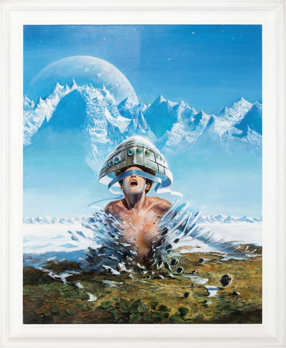 Andrzej Wronski, geb. 1942 Chrzanow, Studiuman der Akademie Warschau, surrealistische Komposition, durch Landschaft pflügende Frauenbüste vor ...
