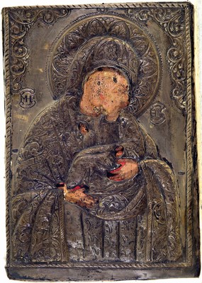 Image 26719858 - 2 icons, Russia, end of 19th century, tempera on wood, with silver oklad (stamped 84 and 900), Maria Eleusa, picture carrier with broken corner; Double representation of churchfather and martyr, illegally inscribed, age range, 30x21/27x24 cm