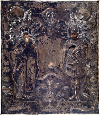 26719858a - 2 icons, Russia, end of 19th century, tempera on wood, with silver oklad (stamped 84 and 900), Maria Eleusa, picture carrier with broken corner; Double representation of churchfather and martyr, illegally inscribed, age range, 30x21/27x24 cm