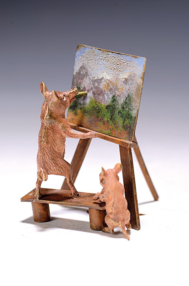 Wiener Bronze, zwei Schweine mit Bild, sign. Bergmann, ca. 9x6 cm