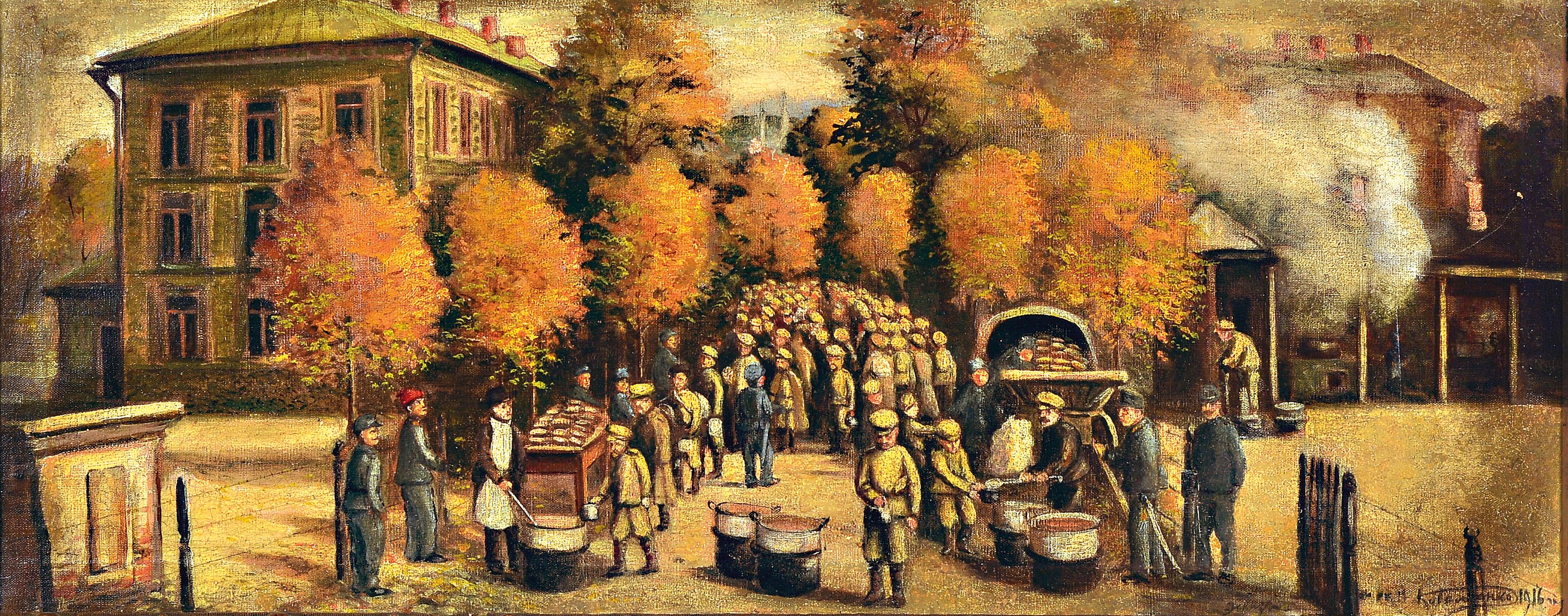 Russische Kriegsgefangene bei der Essensausgabe im Kasernenhof einer österreichischen Kaserne; in der Art des Piotr Konchalovsky (1876-1956), ...