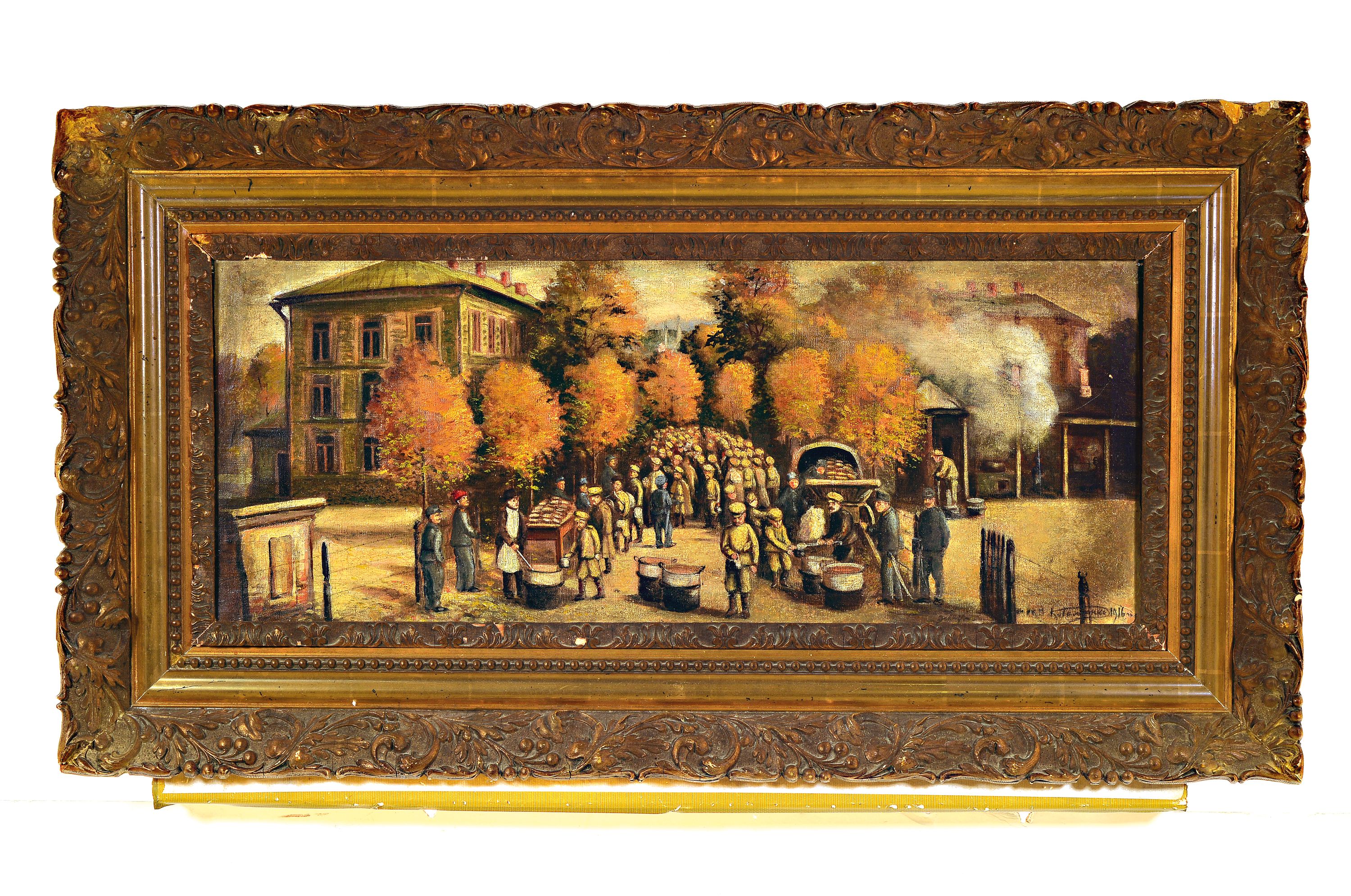 Detail k: Russische Kriegsgefangene bei der Essensausgabe im Kasernenhof einer österreichischen Kaserne; in der Art des Piotr Konchalovsky (1876-1956), ...