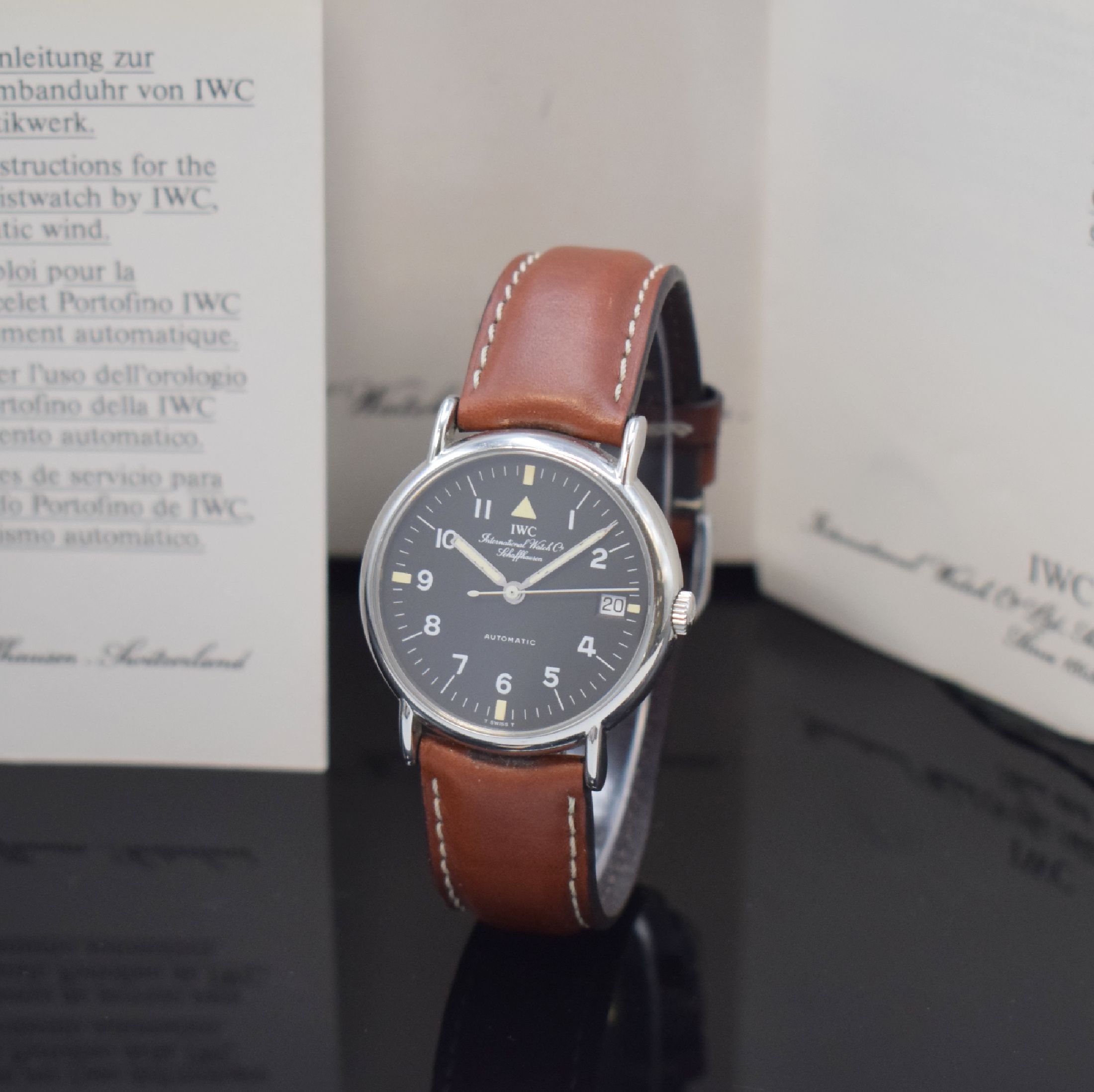 IWC Portofino Herrenarmbanduhr Referenz 3513- 026, Schweiz verk. lt. beil. Pap. 09/1991, Automatik, Edelstahlgeh., Boden 4-fach verschr., Lederband ...