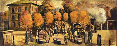 Image 26719964 - Russian prisoners of war serving food in the barracks yard of an Austrian barracks; in the style of Piotr Konchalovsky (1876-1956), oil/canvas, inscribed Koncchalovsky and dated 1916 at the bottom right, approx. 29x72cm, magnificent frame approx. 50x94cm