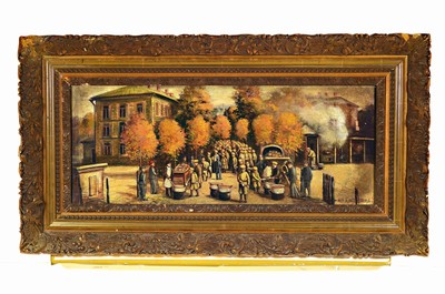 26719964k - Russian prisoners of war serving food in the barracks yard of an Austrian barracks; in the style of Piotr Konchalovsky (1876-1956), oil/canvas, inscribed Koncchalovsky and dated 1916 at the bottom right, approx. 29x72cm, magnificent frame approx. 50x94cm