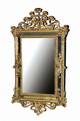 Image 26719970 - Large Art Nouveau mirror, around 1900/20, stucco frame, decorated with water lily motifs, frame partially repaired, greenish patinated and partly gilded, medium large glazed mirror insert, approx. 147 x 80 cm, l. Signs of age or minor repairs