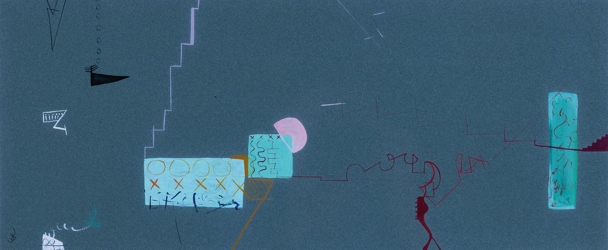 Yago Robert, 1955 St. Feliu de Guixols-1977,Mischtechnik auf Papier, abstrakte Komposition, links unten signiert, 21,5x50 cm, unter Glas35x65 cm