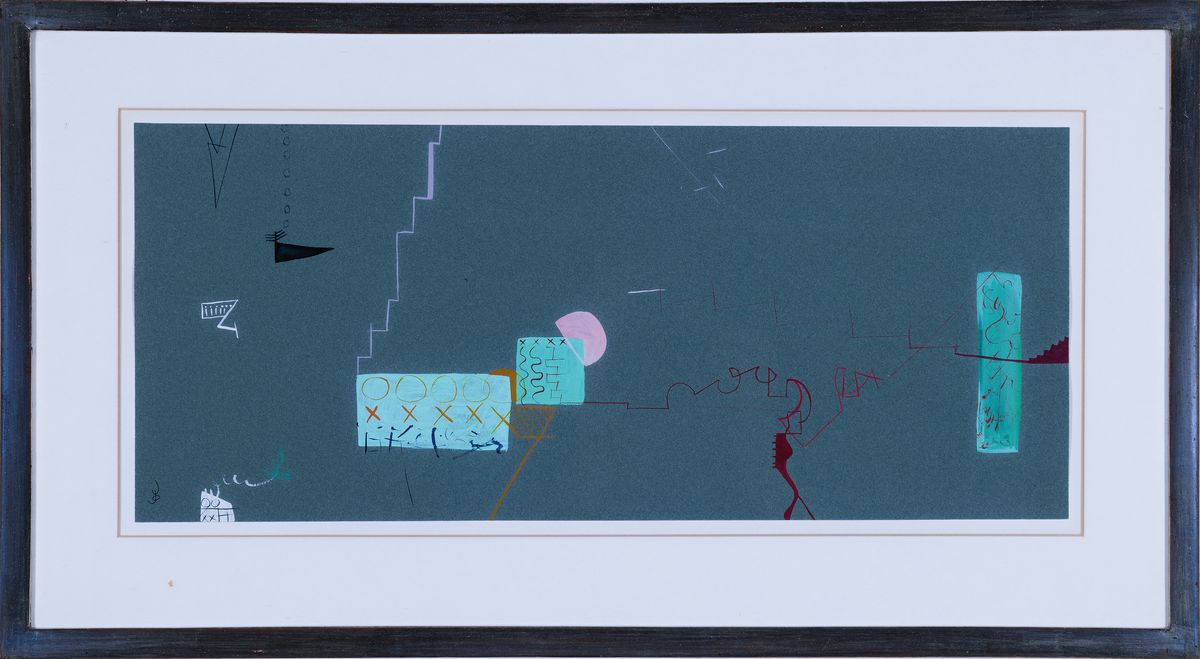 Detail k: Yago Robert, 1955 St. Feliu de Guixols-1977,Mischtechnik auf Papier, abstrakte Komposition, links unten signiert, 21,5x50 cm, unter Glas35x65 cm