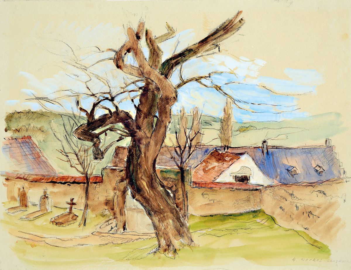 Adolf Merkel-Langkoch, geb. 1900 in Schwetzingen, Aquarell auf Pappe, Blick auf einen knorrigen Baum auf einem Friedhof nahe eines Dorfes, rechts ...
