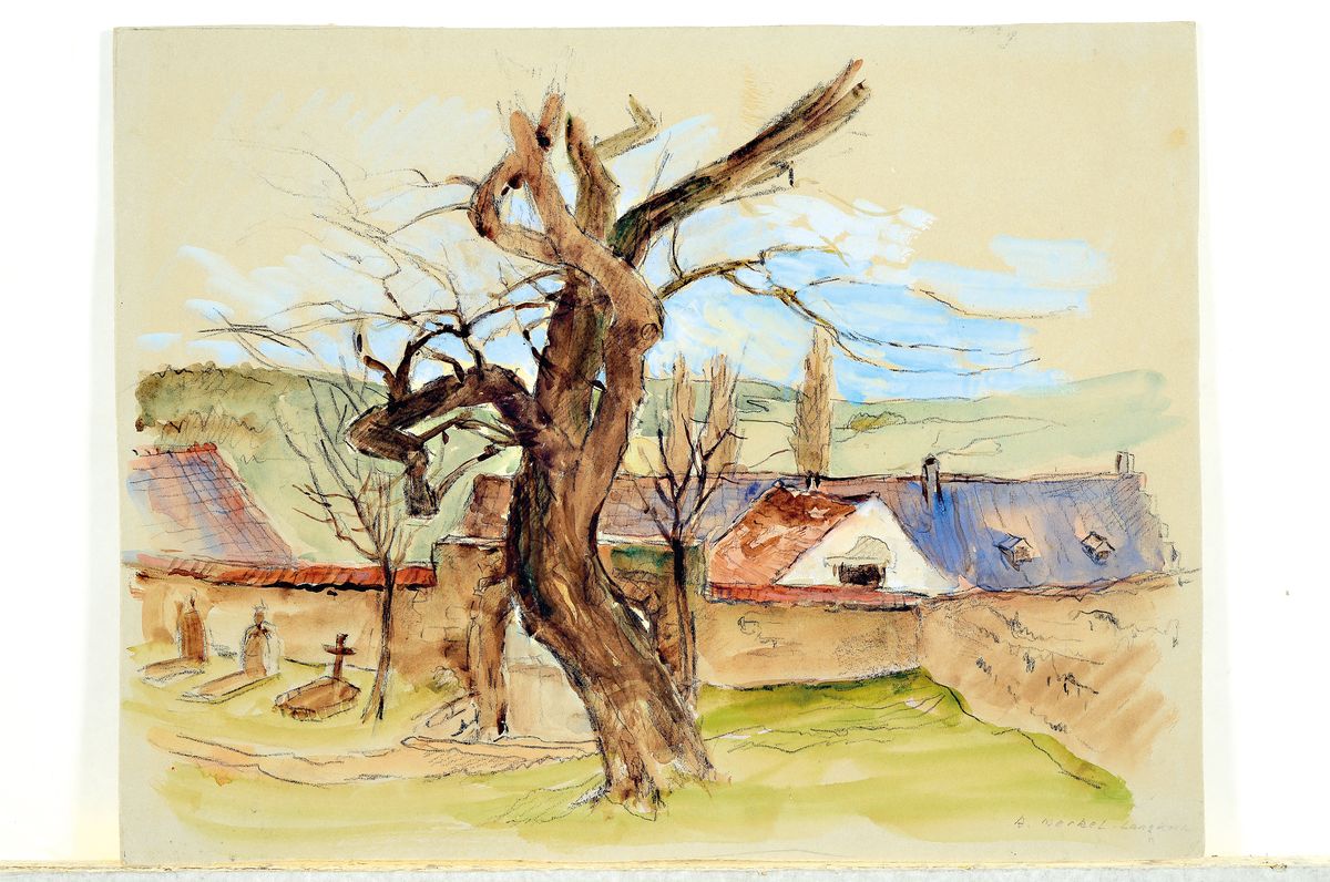 Detail k: Adolf Merkel-Langkoch, geb. 1900 in Schwetzingen, Aquarell auf Pappe, Blick auf einen knorrigen Baum auf einem Friedhof nahe eines Dorfes, rechts ...