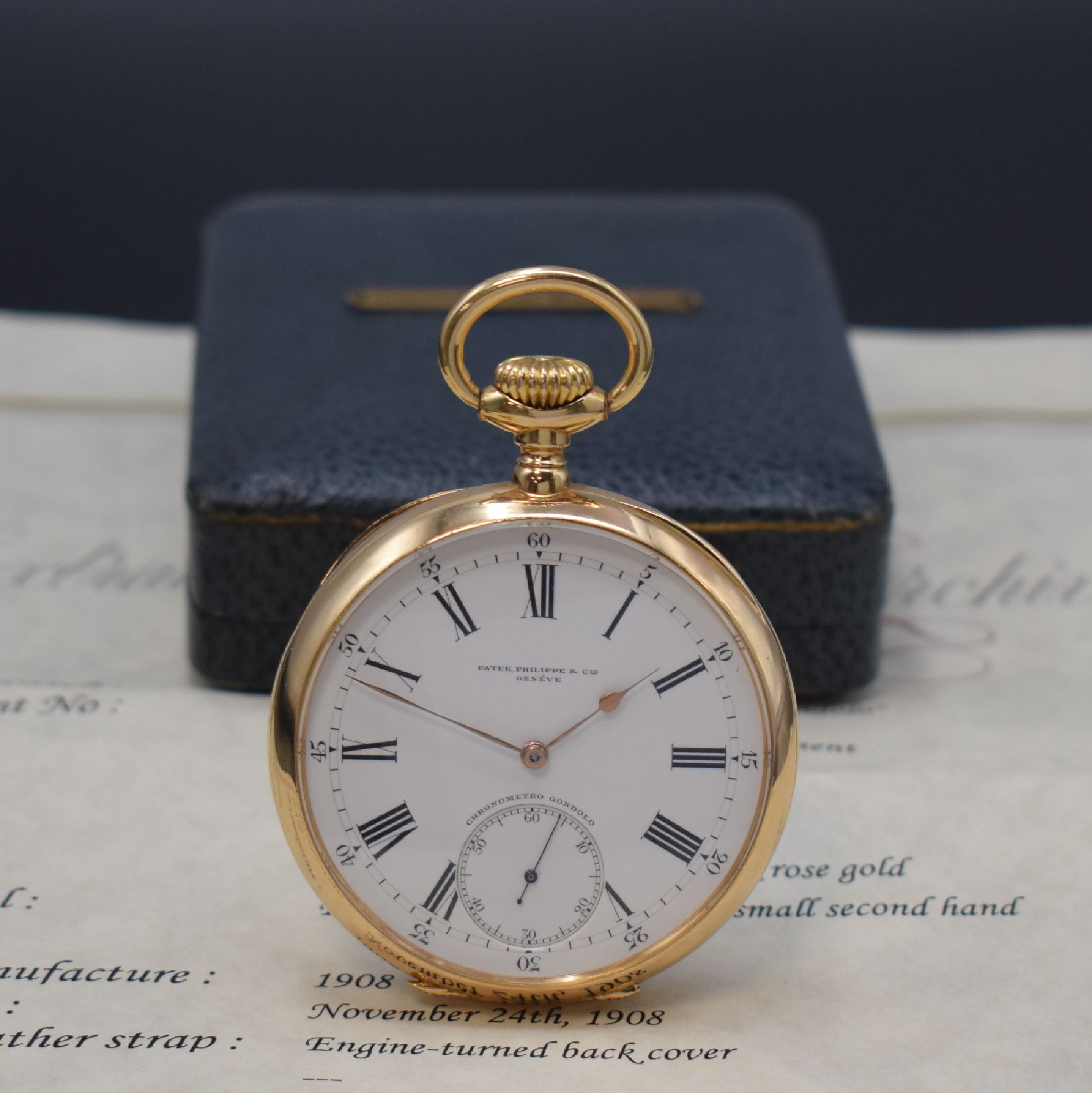 PATEK PHILIPPE Chronometro Gondolo große offene Taschenuhr in RoseG 750/000, Schweiz 1908, schweres guill. Geh. ber., sign. Cuvette, 2-tlg. ...