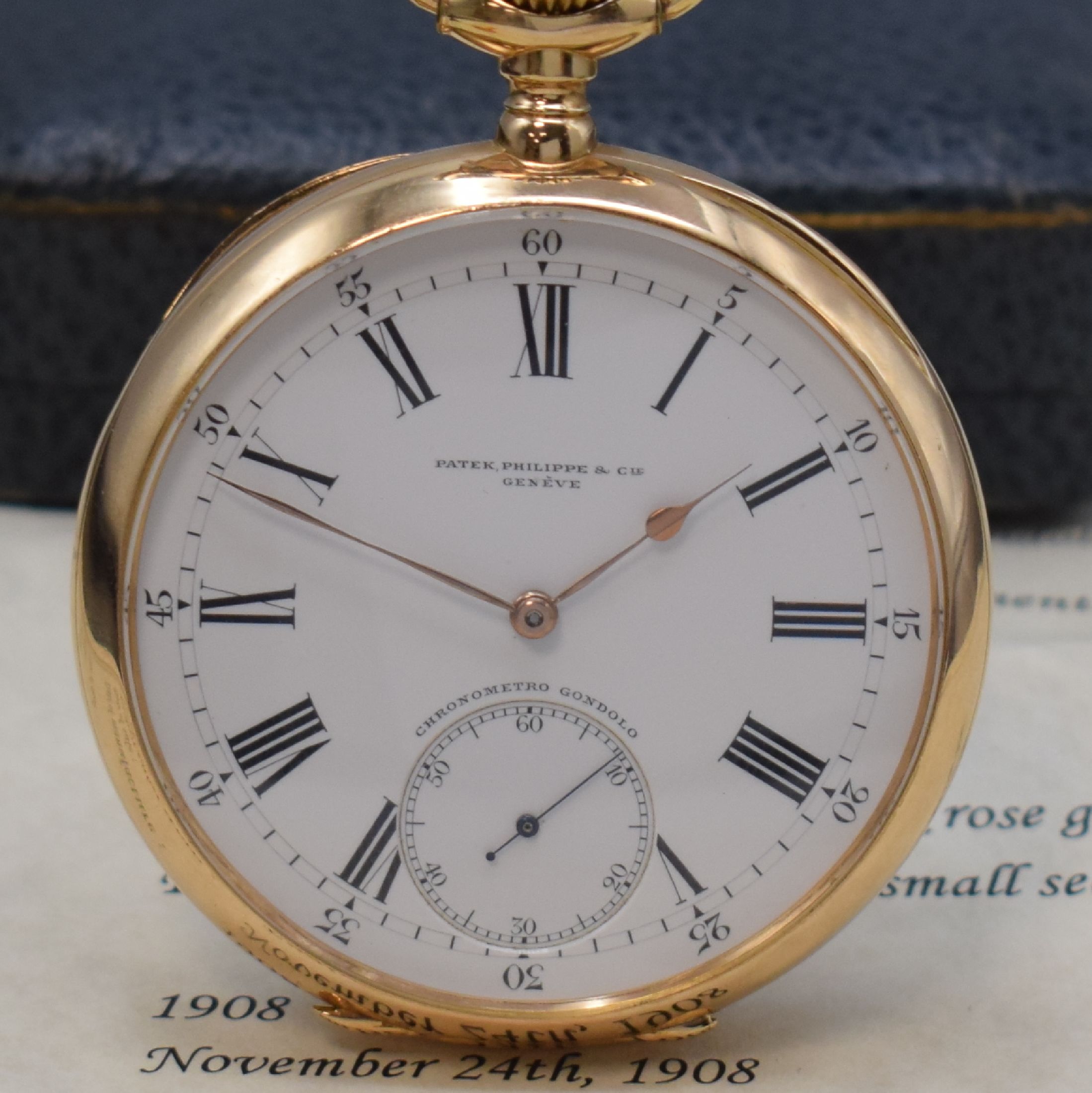 Detail a: PATEK PHILIPPE Chronometro Gondolo große offene Taschenuhr in RoseG 750/000, Schweiz 1908, schweres guill. Geh. ber., sign. Cuvette, 2-tlg. ...