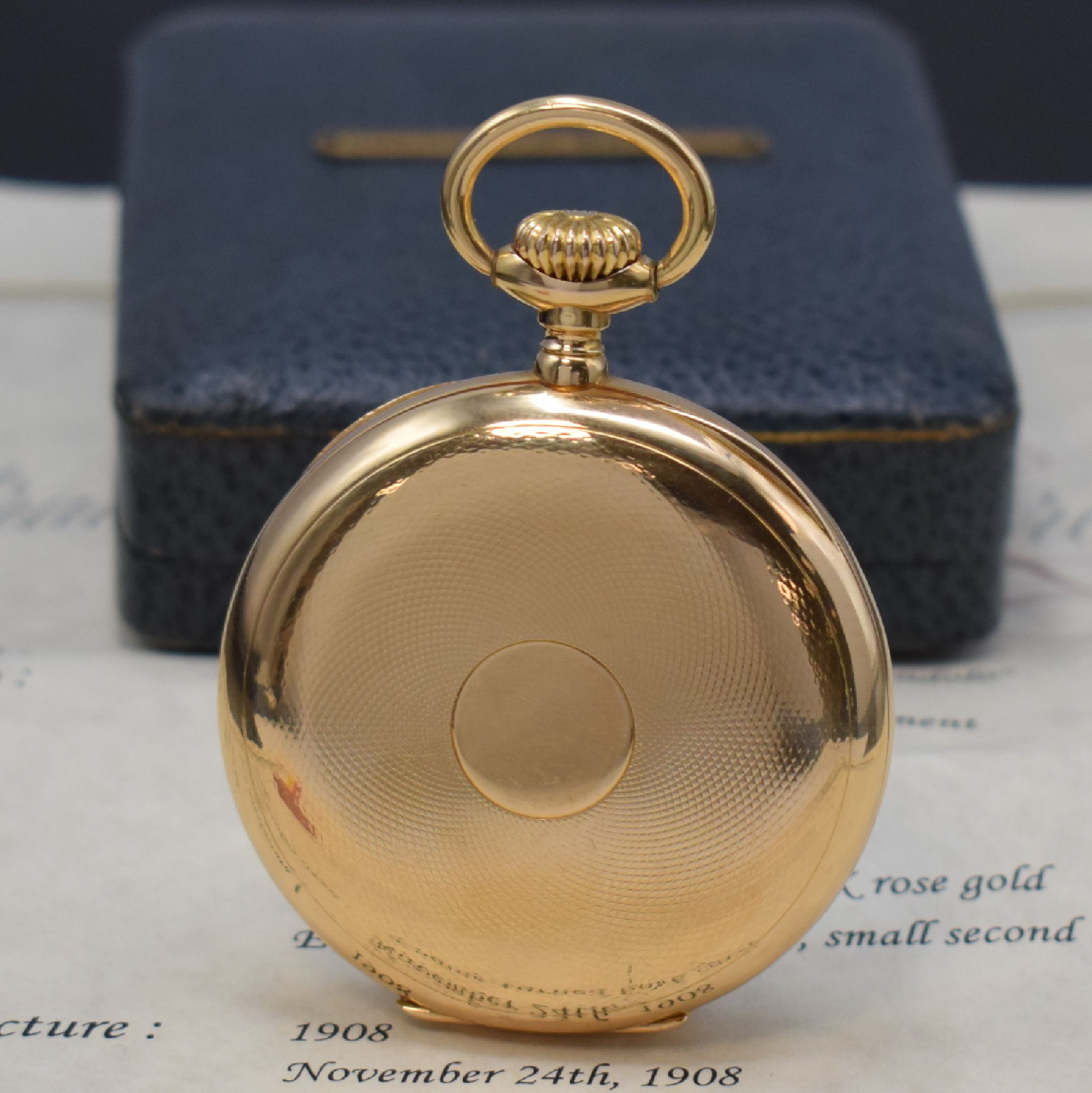 Detail b: PATEK PHILIPPE Chronometro Gondolo große offene Taschenuhr in RoseG 750/000, Schweiz 1908, schweres guill. Geh. ber., sign. Cuvette, 2-tlg. ...