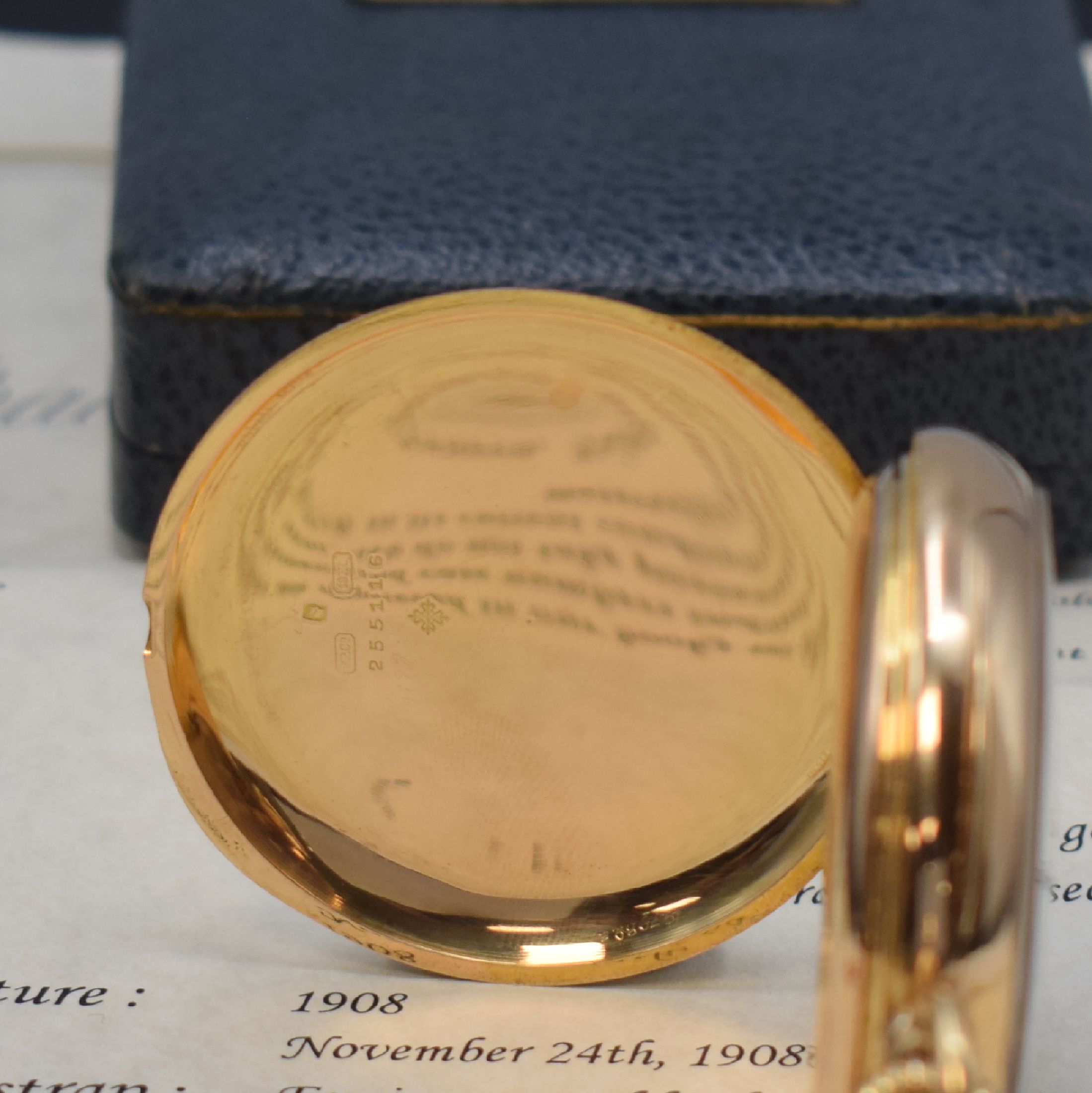 Detail c: PATEK PHILIPPE Chronometro Gondolo große offene Taschenuhr in RoseG 750/000, Schweiz 1908, schweres guill. Geh. ber., sign. Cuvette, 2-tlg. ...