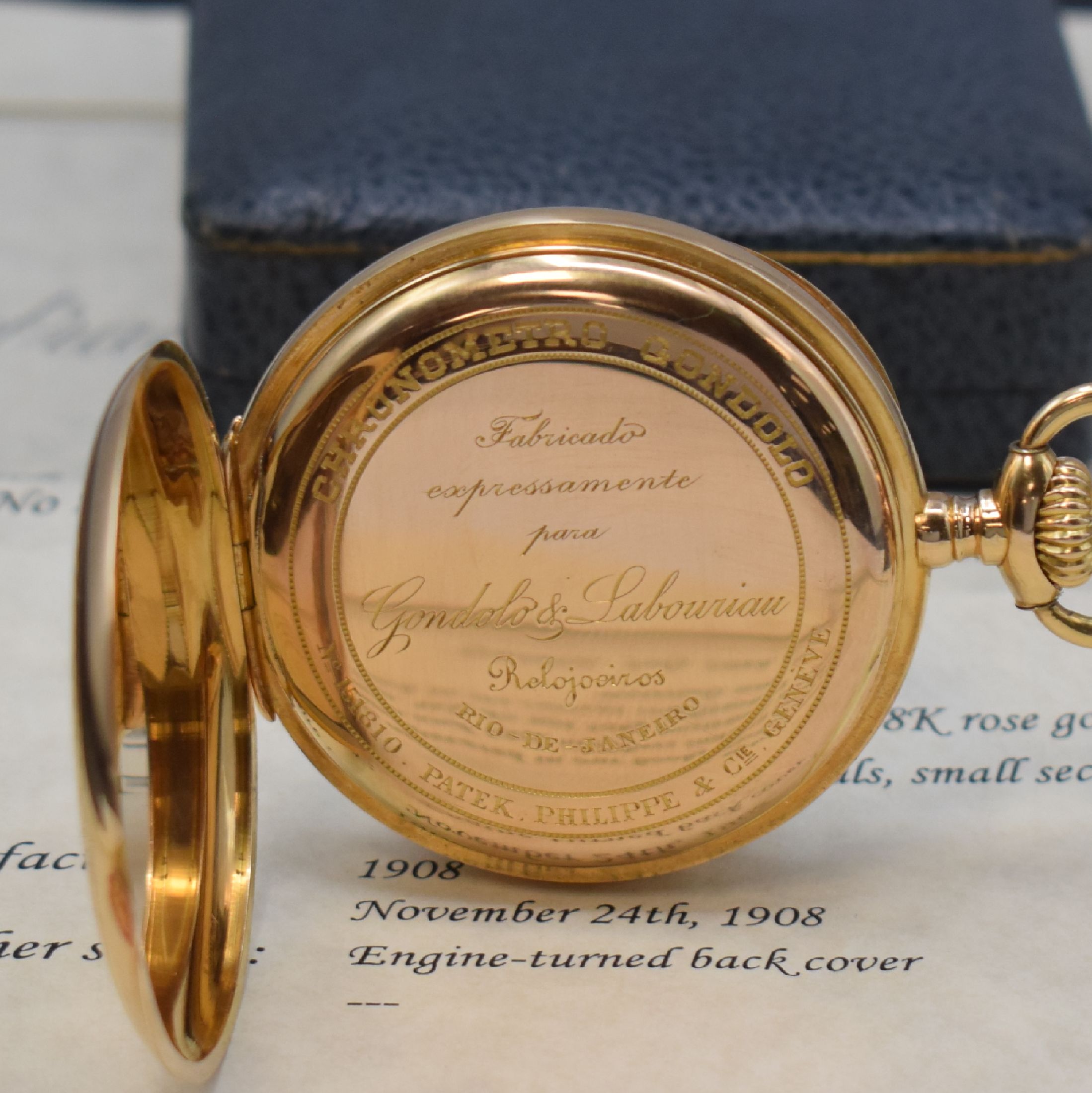Detail d: PATEK PHILIPPE Chronometro Gondolo große offene Taschenuhr in RoseG 750/000, Schweiz 1908, schweres guill. Geh. ber., sign. Cuvette, 2-tlg. ...