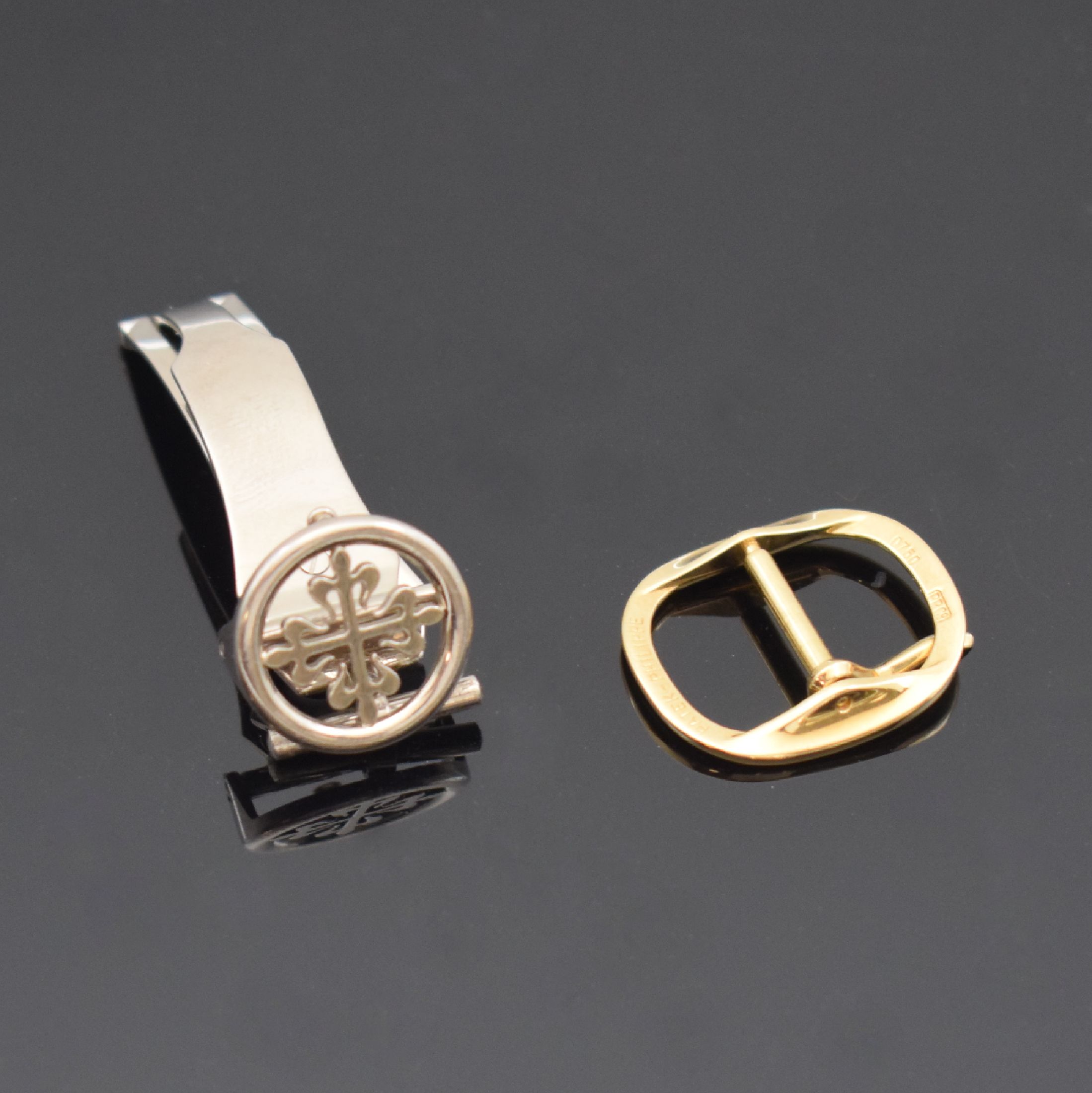 Set Patek Philippe Faltschließe in WG 750/000 und Dornschließe in GG 750/000, Faltschließe mit Calatrava-Kreuz, Dornschließe für Ellipse d´Or, ...