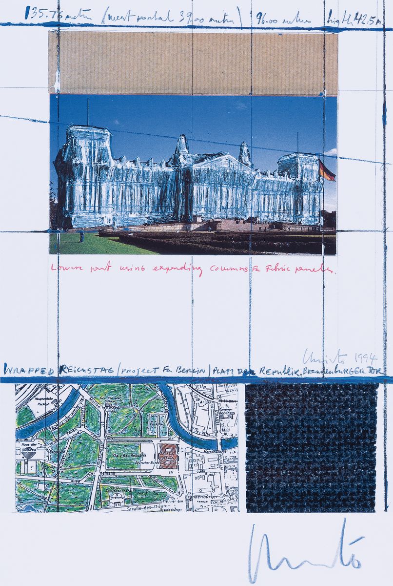 Christo und Jeanne-Claude, Project for Berlin Wrapped Reichstag, Farboffset mit Metall-Prägedruck, handsigniert, Schumacher Ed.Fils Düsseldorf, ca. ...