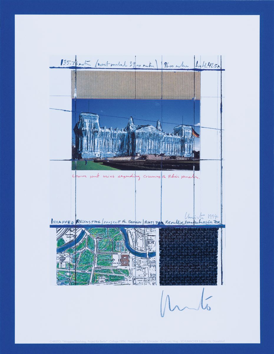 Detail k: Christo und Jeanne-Claude, Project for Berlin Wrapped Reichstag, Farboffset mit Metall-Prägedruck, handsigniert, Schumacher Ed.Fils Düsseldorf, ca. ...