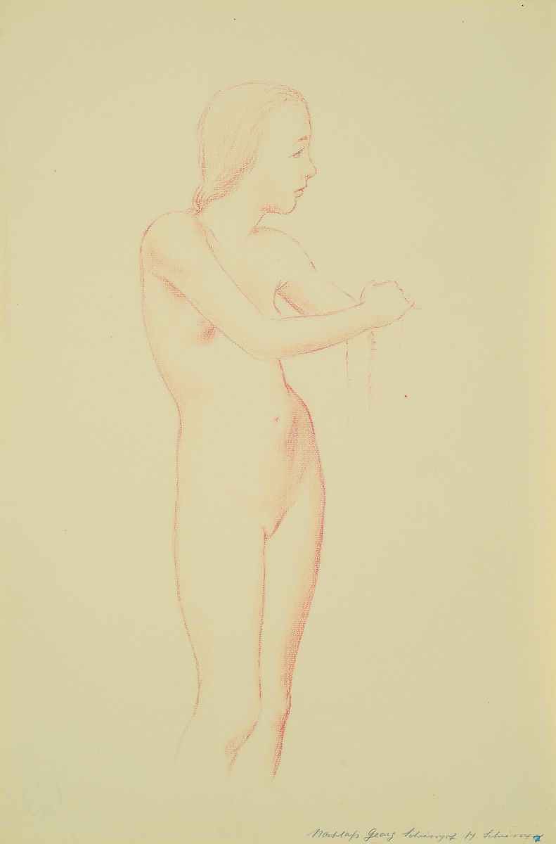 Georg Schrimpf, 1889 München-1938 Berlin, stehender Akt, Rötelzeichnung auf Papier, rückseitig Nachlaßstempel, vorne rechts unten bez.: Nachlaß ...