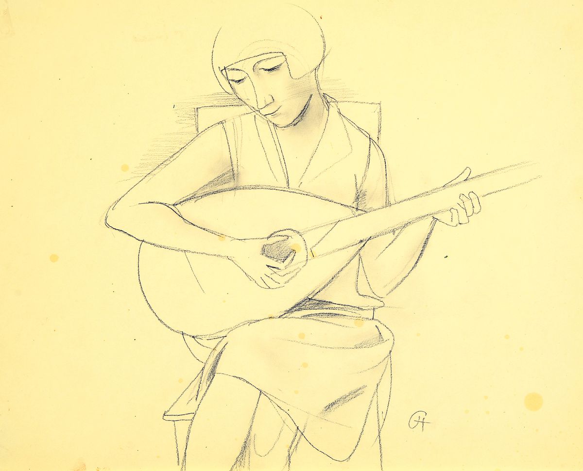 Carl Hofer, 1878 Karlsruhe-1955 Berlin, Frau mit Laute, Bleistiftzeichnung auf Papier, leicht gebräunt und fleckig, monogr. CH, auf der Rückseite ...