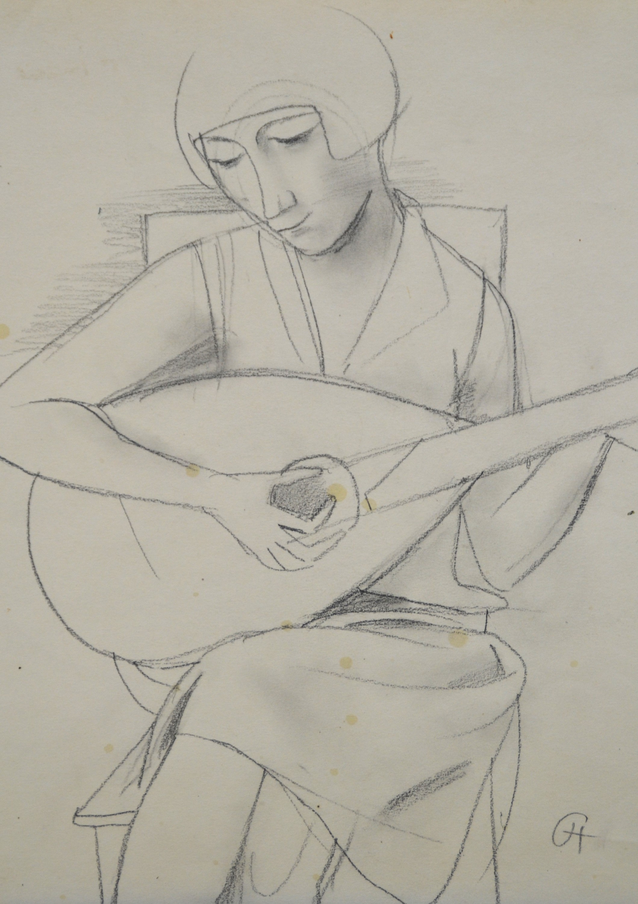 Detail b: Carl Hofer, 1878 Karlsruhe-1955 Berlin, Frau mit Laute, Bleistiftzeichnung auf Papier, leicht gebräunt und fleckig, monogr. CH, auf der Rückseite ...