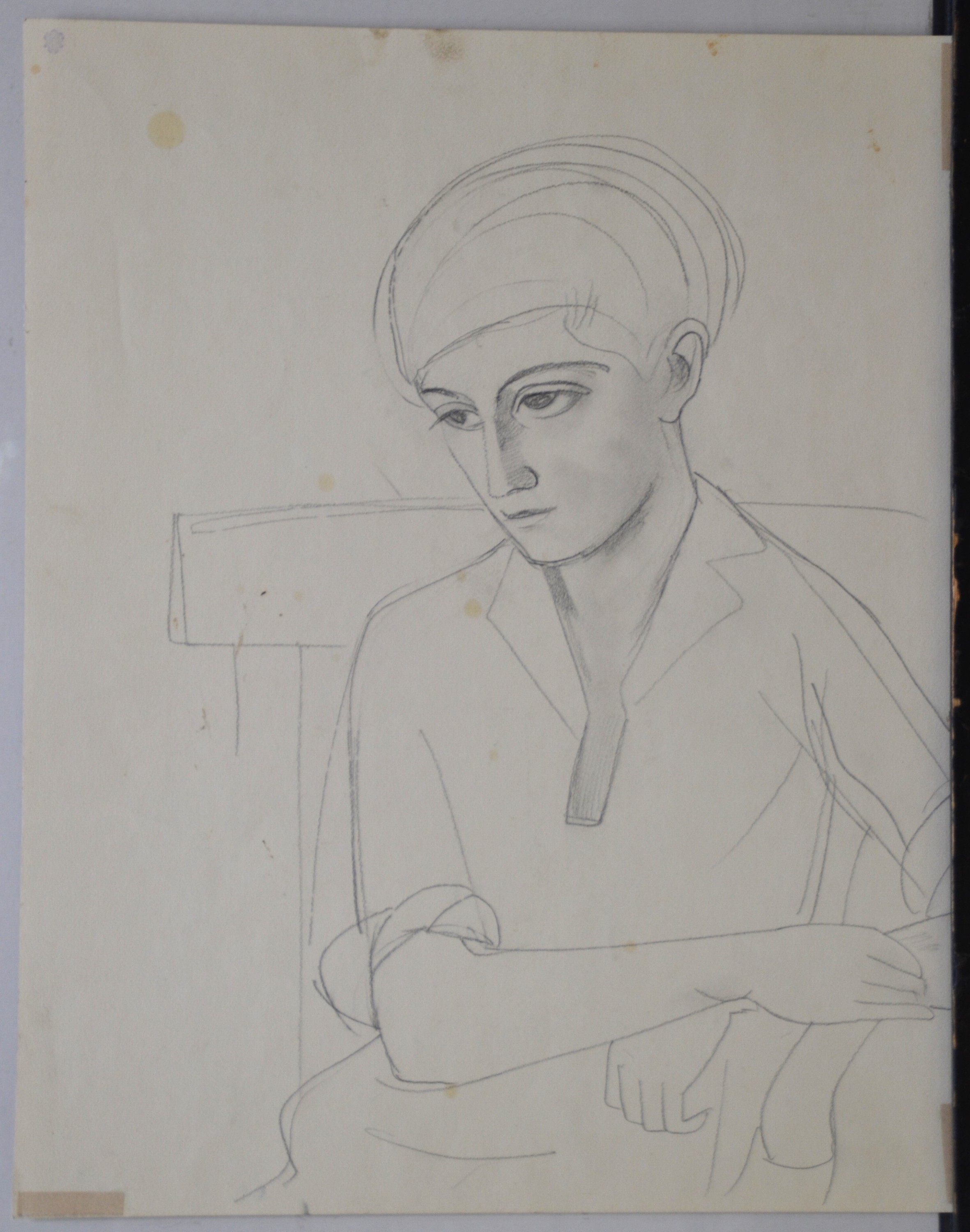 Detail d: Carl Hofer, 1878 Karlsruhe-1955 Berlin, Frau mit Laute, Bleistiftzeichnung auf Papier, leicht gebräunt und fleckig, monogr. CH, auf der Rückseite ...