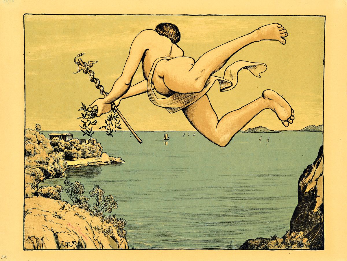 Hans Thoma, 1839 Bernau-1924 Karlsruhe, 2 Farblithographien: Fliegender Merkur mit Caduceus, 1897, handsign., ca. 35x45cm; Triton und Nereide, 1895, ...