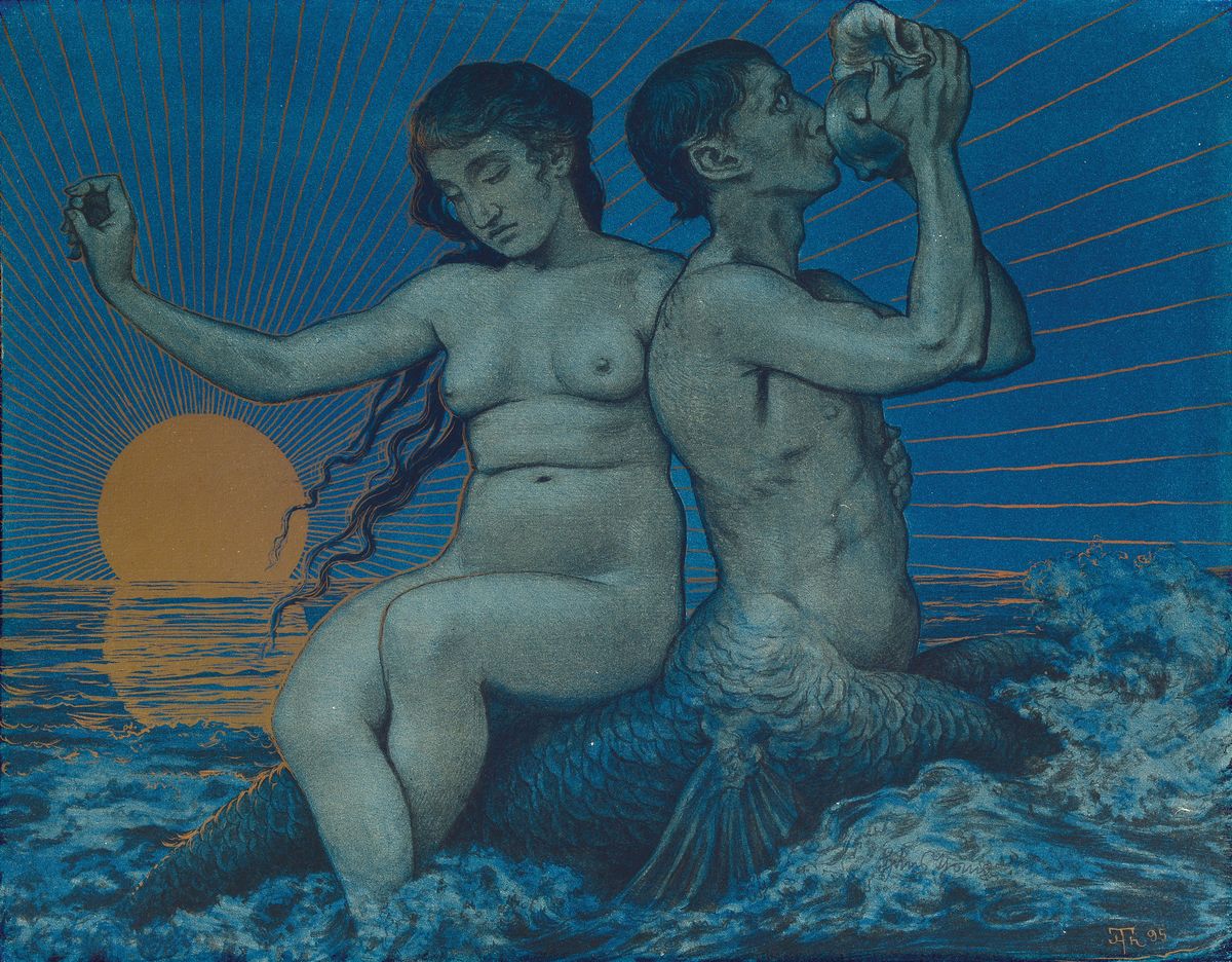 Detail a: Hans Thoma, 1839 Bernau-1924 Karlsruhe, 2 Farblithographien: Fliegender Merkur mit Caduceus, 1897, handsign., ca. 35x45cm; Triton und Nereide, 1895, ...