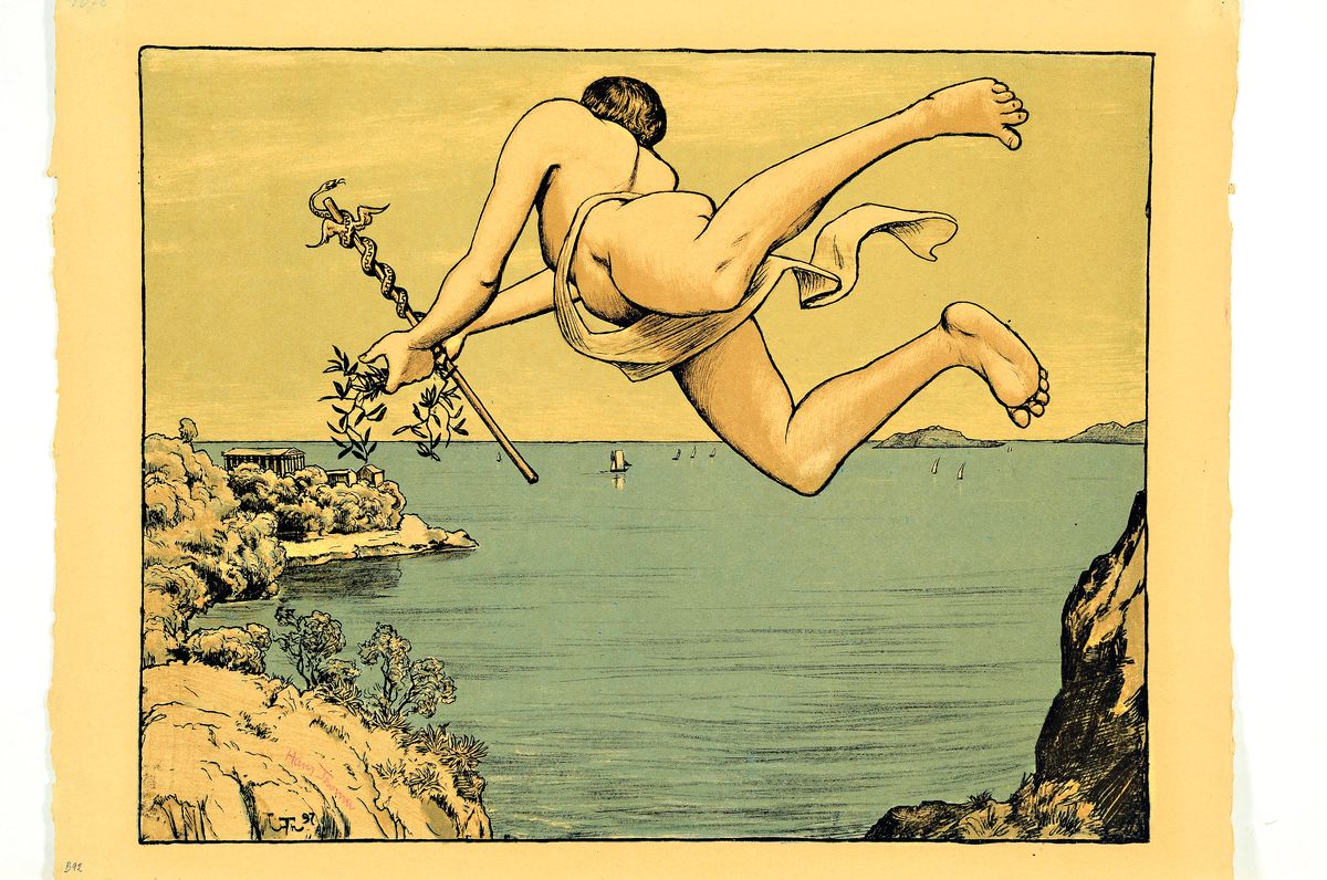 Detail k: Hans Thoma, 1839 Bernau-1924 Karlsruhe, 2 Farblithographien: Fliegender Merkur mit Caduceus, 1897, handsign., ca. 35x45cm; Triton und Nereide, 1895, ...