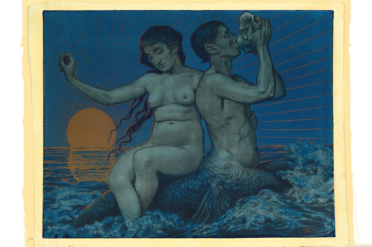 Detail l: Hans Thoma, 1839 Bernau-1924 Karlsruhe, 2 Farblithographien: Fliegender Merkur mit Caduceus, 1897, handsign., ca. 35x45cm; Triton und Nereide, 1895, ...