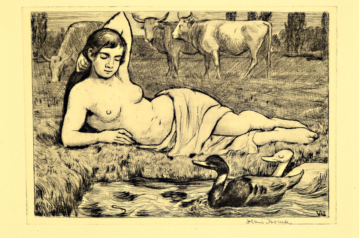 Detail l: Hans Thoma, 1839 Bernau-1924 Karlsruhe, 2 Radierungen: Nymphe I, 1919, handsigniert, ca. 14x20cm; Wolkenheer II von 1911, handsign., ca. 20x25cm