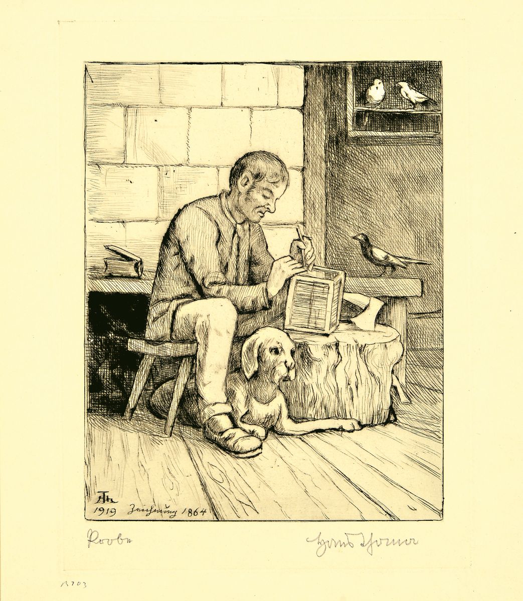Hans Thoma, 1839 Bernau-1924 Karlsruhe, 2 Radierungen: Idyll II (Kinderlied II) von 1904, handsigniert und bez.: Probedruck, ca. 27x18cm; Der ...