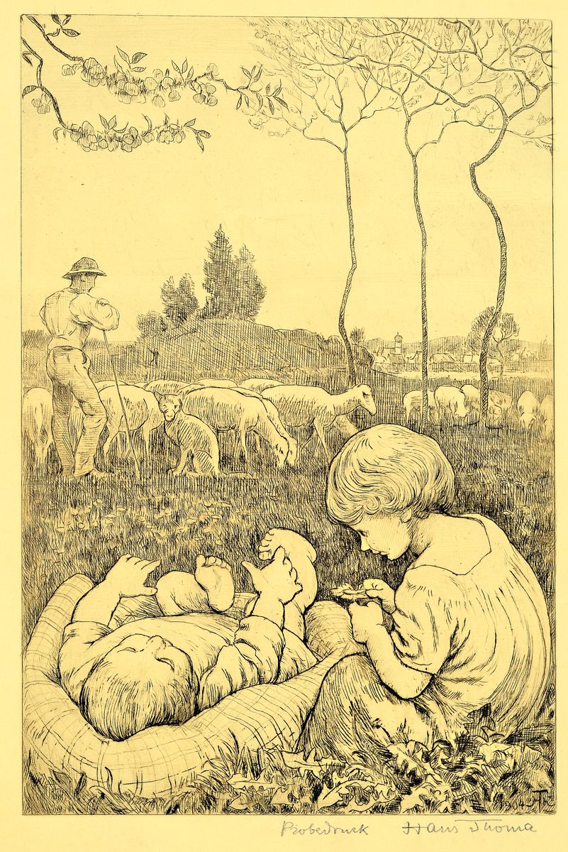 Detail a: Hans Thoma, 1839 Bernau-1924 Karlsruhe, 2 Radierungen: Idyll II (Kinderlied II) von 1904, handsigniert und bez.: Probedruck, ca. 27x18cm; Der ...