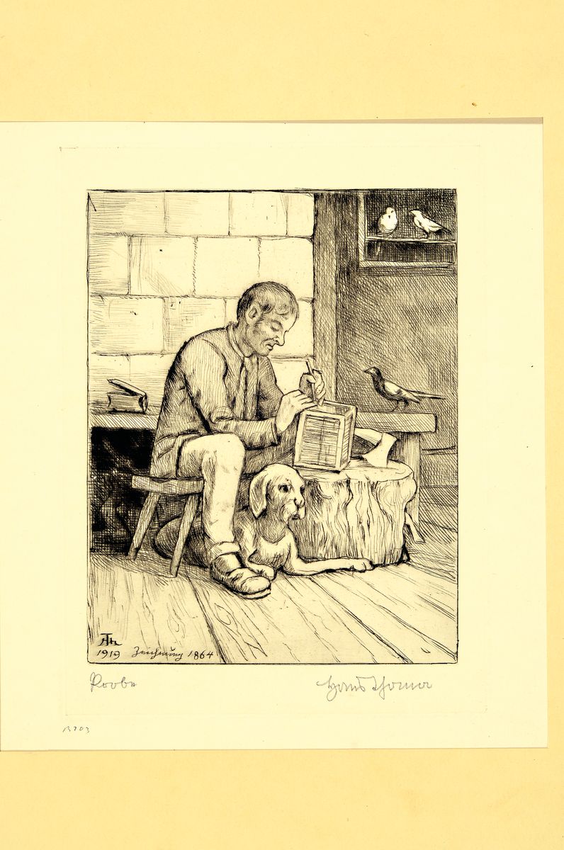 Detail k: Hans Thoma, 1839 Bernau-1924 Karlsruhe, 2 Radierungen: Idyll II (Kinderlied II) von 1904, handsigniert und bez.: Probedruck, ca. 27x18cm; Der ...