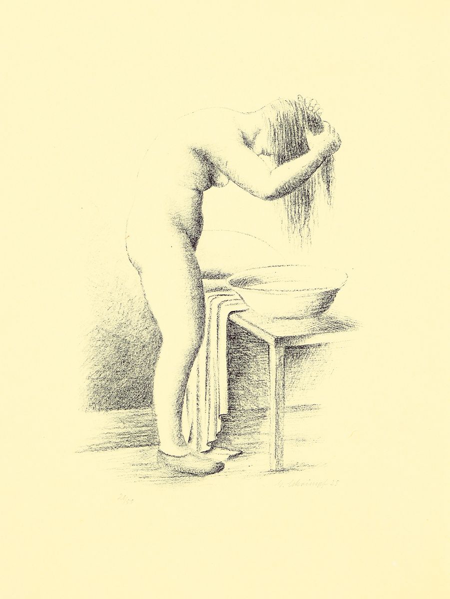 Georg Schrimpf, 1889 München-1938 Berlin, sich die Haare waschender Akt, Lithographie, handsign. und dat. 25, num. 20/50, leicht gebräunt, Blattgr. ...