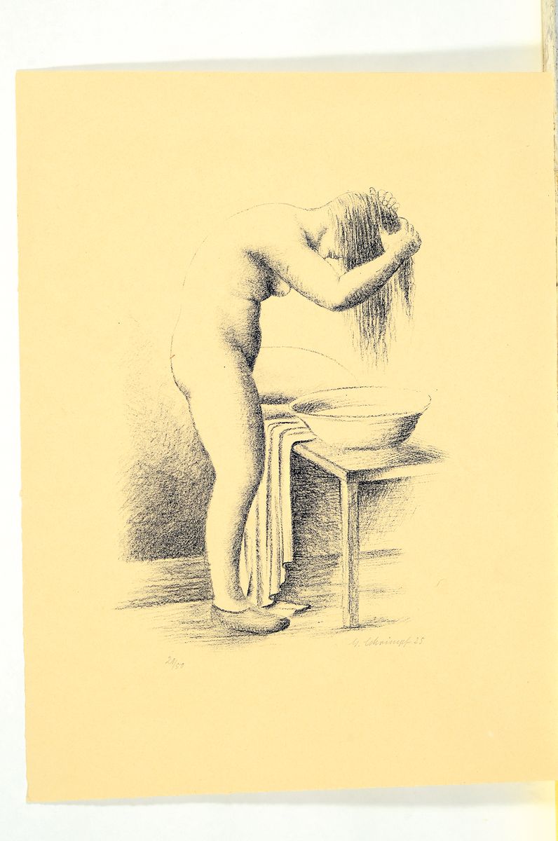Detail k: Georg Schrimpf, 1889 München-1938 Berlin, sich die Haare waschender Akt, Lithographie, handsign. und dat. 25, num. 20/50, leicht gebräunt, Blattgr. ...