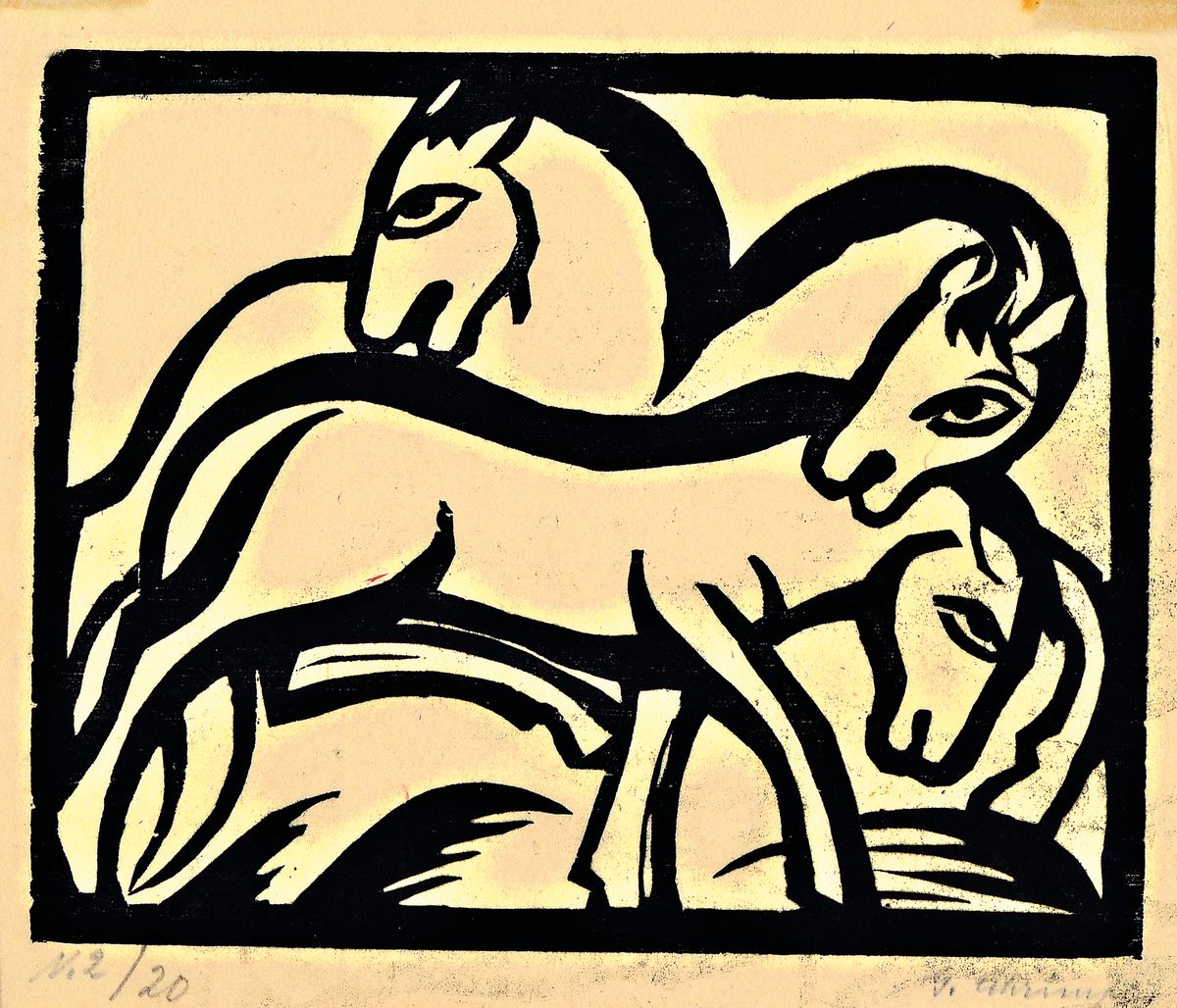 Georg Schrimpf, 1889 München-1938 Berlin, drei Pferde, Holzschnitt auf Japanpapier, handsign., num.: Nr.2/20, ca. 14.5x17.8cm, leicht verschmutzt, ...