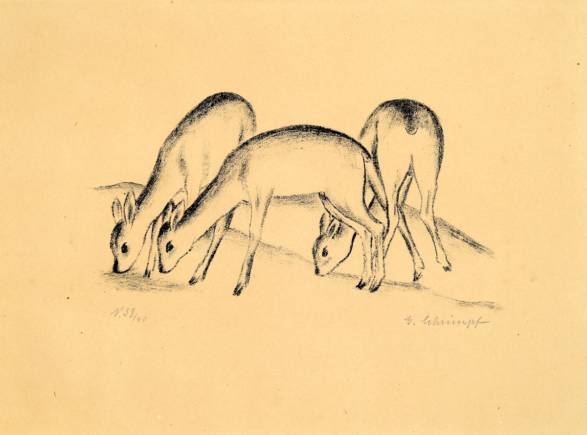 Georg Schrimpf, 1889 München-1938 Berlin, drei Rehe, Lithographie, handsign. und num. N.38/40, gebräunt, ca. 21x28cm