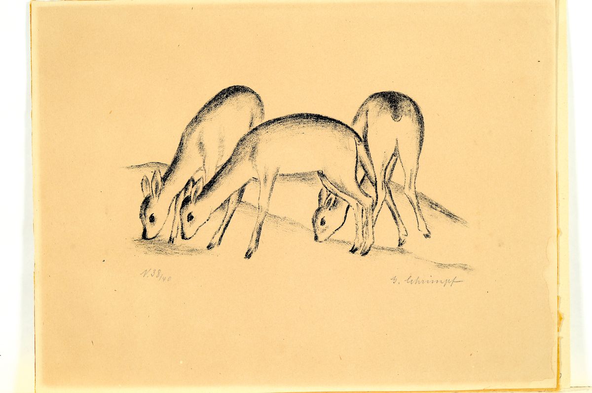 Detail k: Georg Schrimpf, 1889 München-1938 Berlin, drei Rehe, Lithographie, handsign. und num. N.38/40, gebräunt, ca. 21x28cm