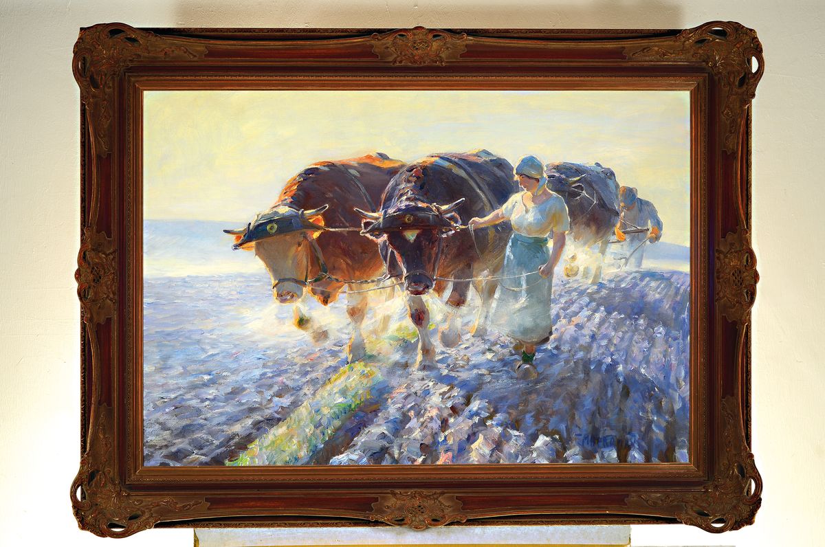 Detail k: Max Bergmann, 1884 Fürstenberg-1955 Haimhausen, Bauernpaar beim Pflügen mit einem Ochsenfuhrwerk, Öl/Lwd, rechts unten signiert, ca. 70x100cm, ...