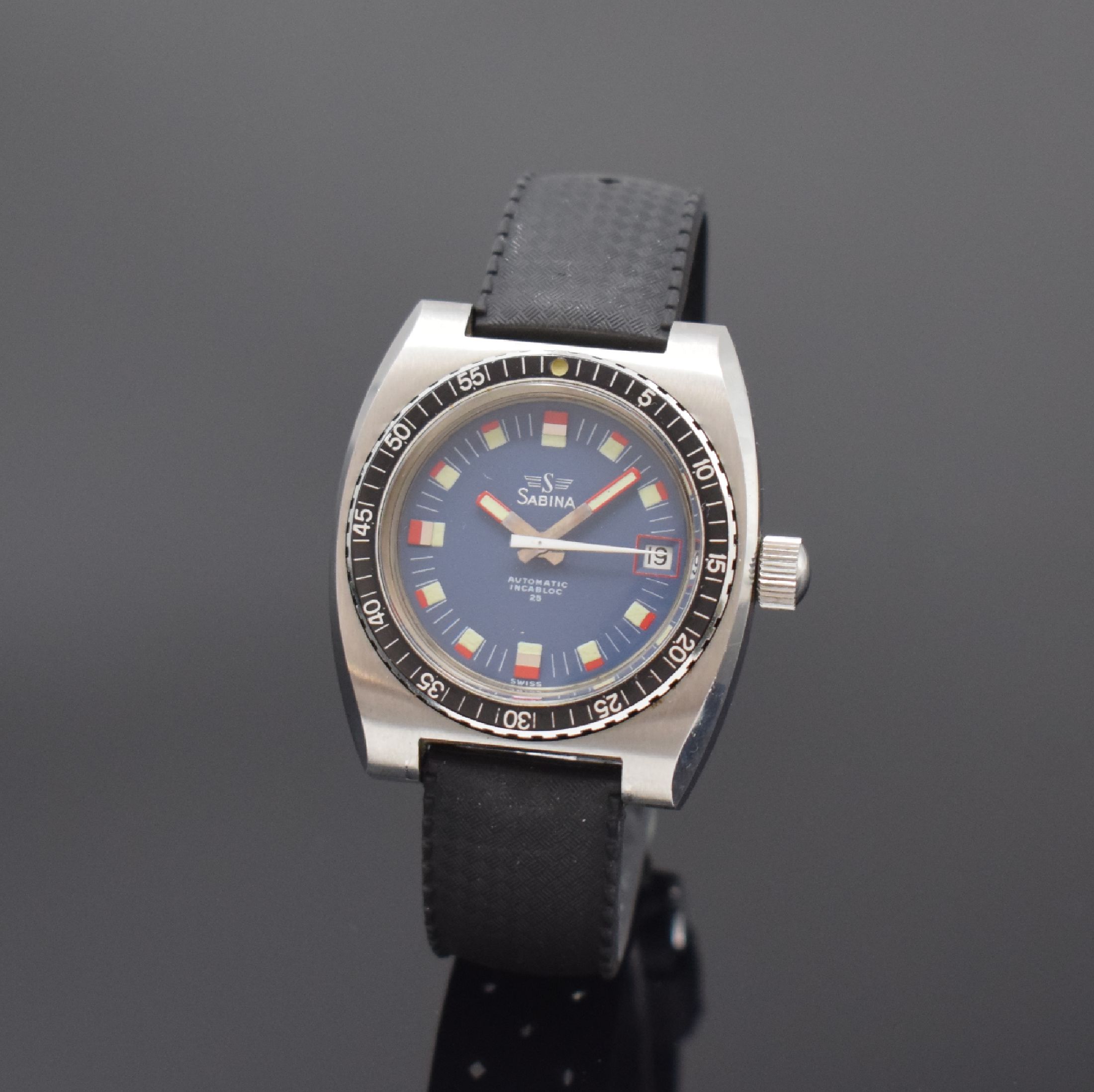 SABINA Herrenarmbanduhr im Taucherdesign, Schweiz um 1970, Automatik, Edelstahlgeh. inkl. Nautic-Band, Boden und Krone verschr., Lünette m. ...