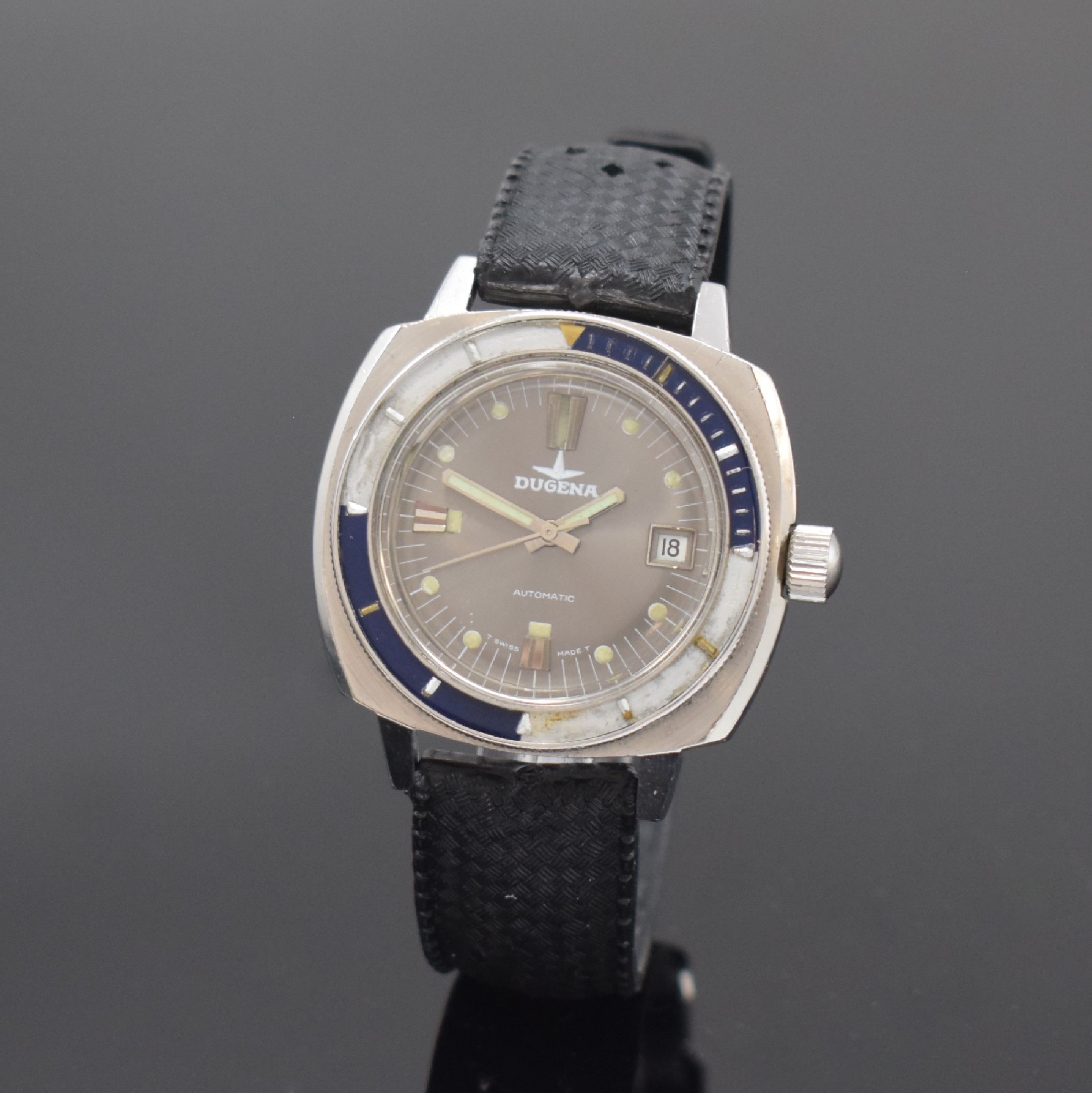 DUGENA Armbanduhr im Taucherdesign, Automatik, Schweiz um 1970, Edelstahlgeh. inkl. Kautschukband, Boden und Krone verschr. (Verschraubung d. Krone ...