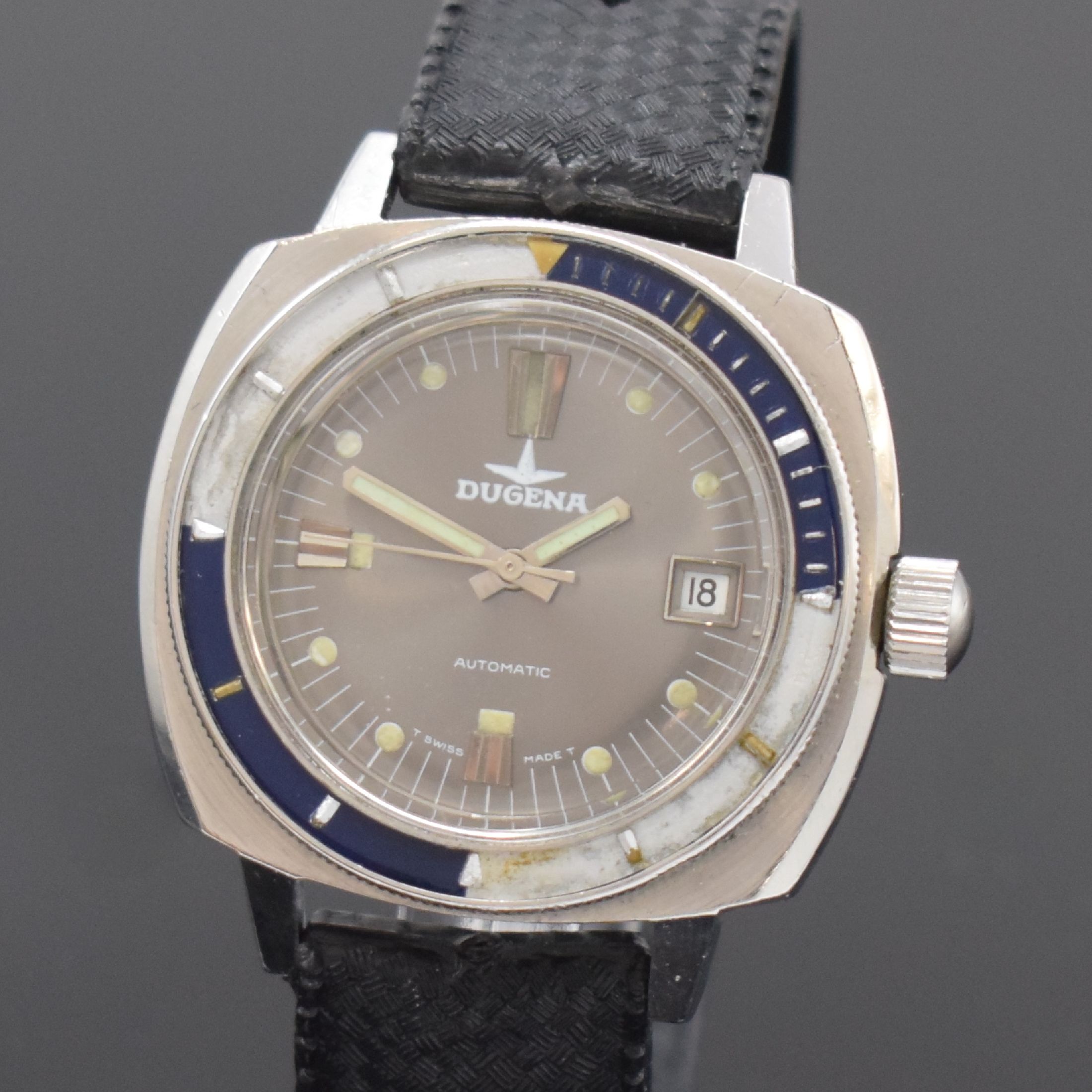 Detail a: DUGENA Armbanduhr im Taucherdesign, Automatik, Schweiz um 1970, Edelstahlgeh. inkl. Kautschukband, Boden und Krone verschr. (Verschraubung d. Krone ...