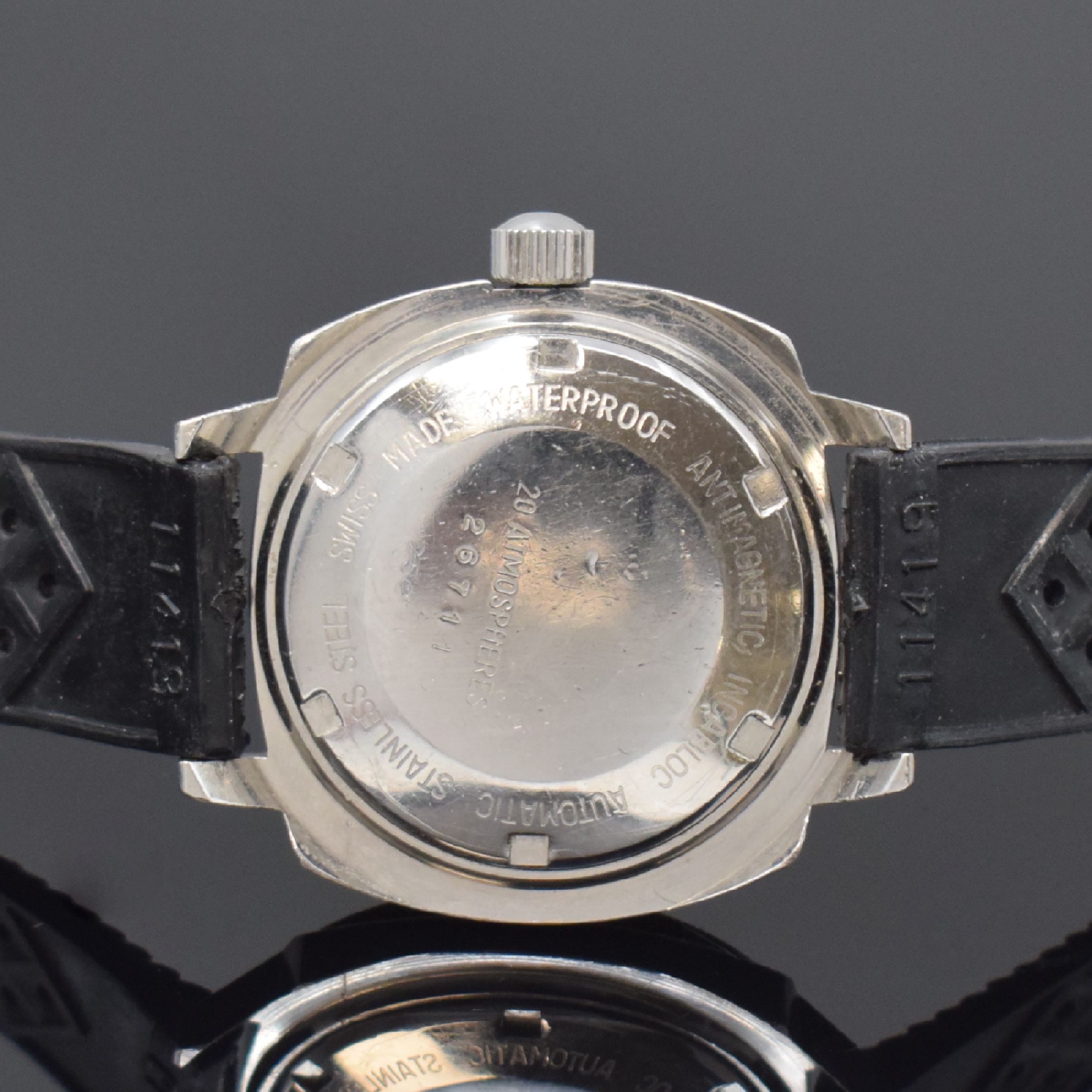 Detail c: DUGENA Armbanduhr im Taucherdesign, Automatik, Schweiz um 1970, Edelstahlgeh. inkl. Kautschukband, Boden und Krone verschr. (Verschraubung d. Krone ...