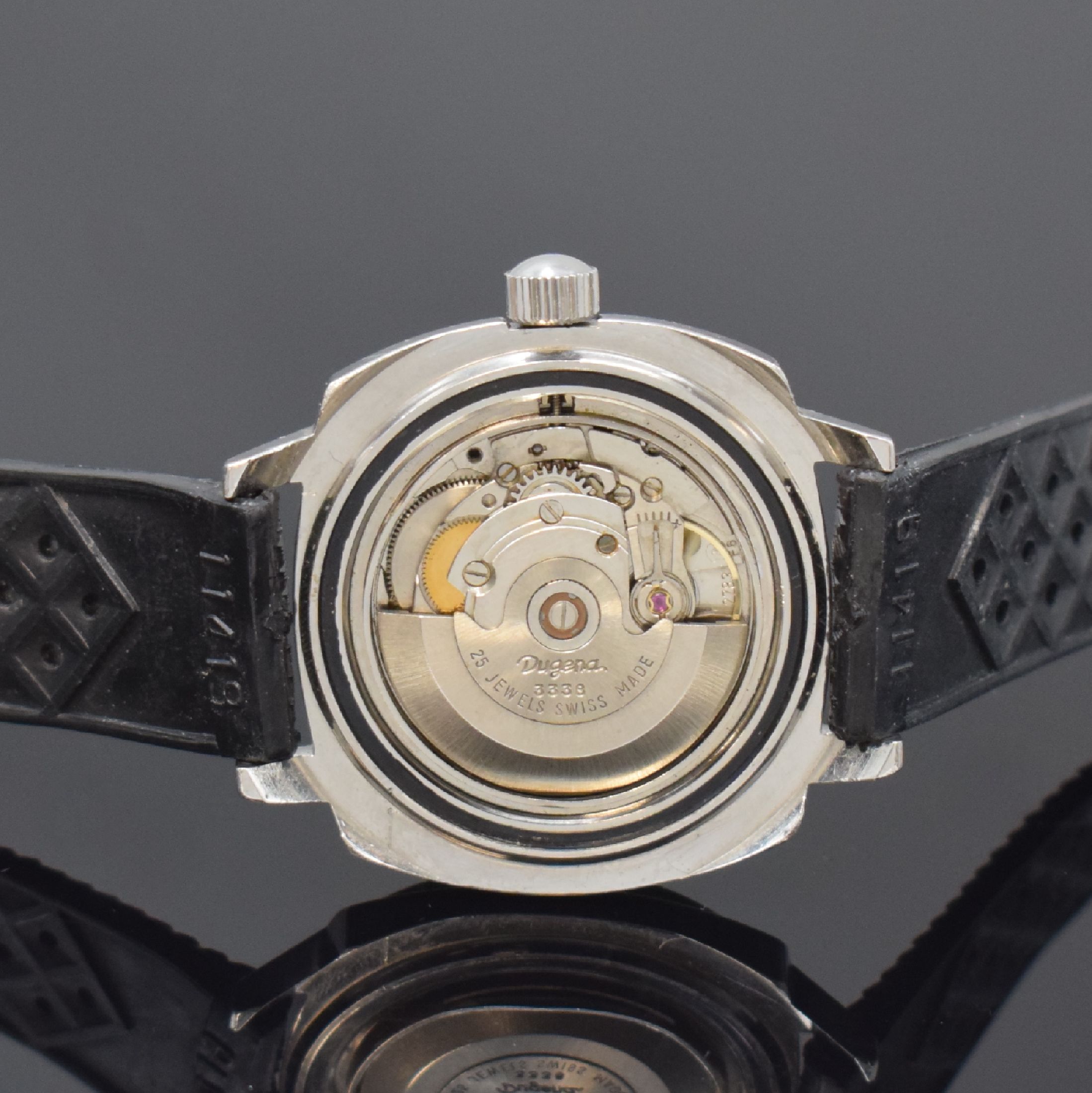 Detail d: DUGENA Armbanduhr im Taucherdesign, Automatik, Schweiz um 1970, Edelstahlgeh. inkl. Kautschukband, Boden und Krone verschr. (Verschraubung d. Krone ...