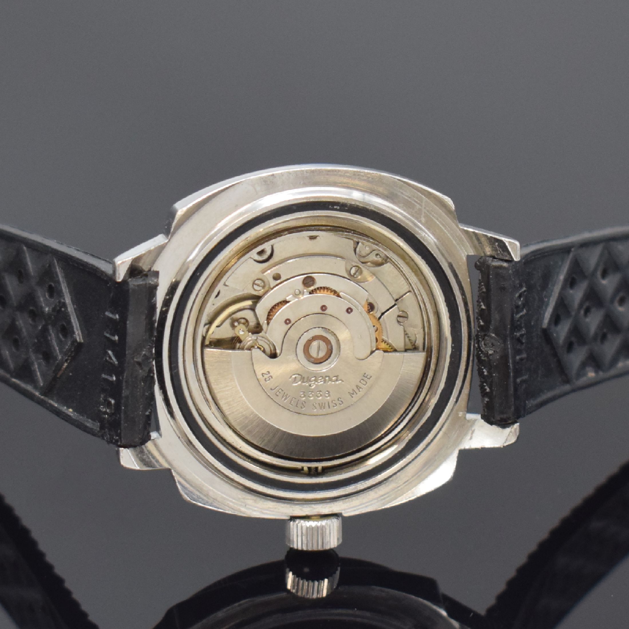 Detail e: DUGENA Armbanduhr im Taucherdesign, Automatik, Schweiz um 1970, Edelstahlgeh. inkl. Kautschukband, Boden und Krone verschr. (Verschraubung d. Krone ...